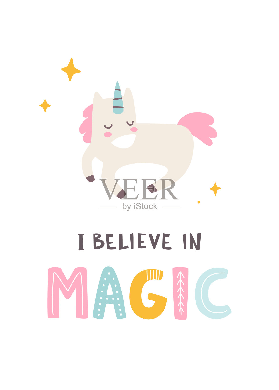 熟睡的独角兽。我相信魔法文本。可爱的女婴海报。插画图片素材