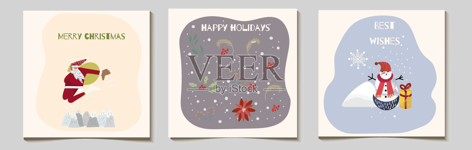 圣诞矢量礼品卡或标签集运动跳跃的圣诞老人，一品红安排，雪人与礼物，圣诞快乐的字母，最好的祝愿。设计模板素材