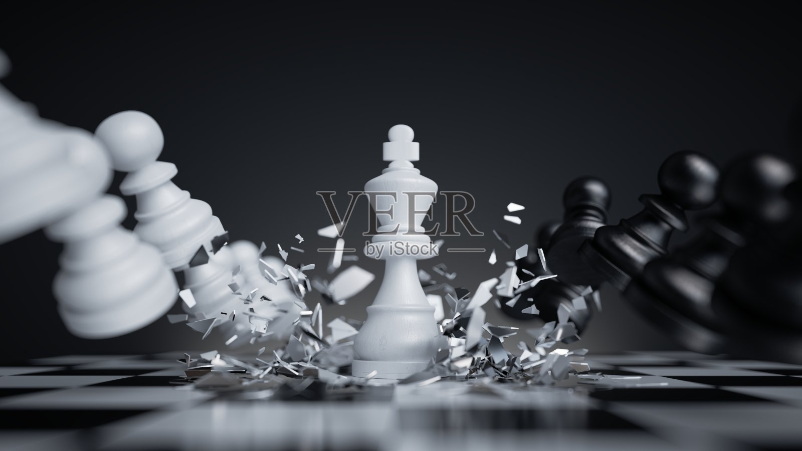 3d渲染，侵略性的国际象棋游戏白王攻击和粉碎其他棋子。破坏的比喻，紧张的情况，战斗的概念照片摄影图片