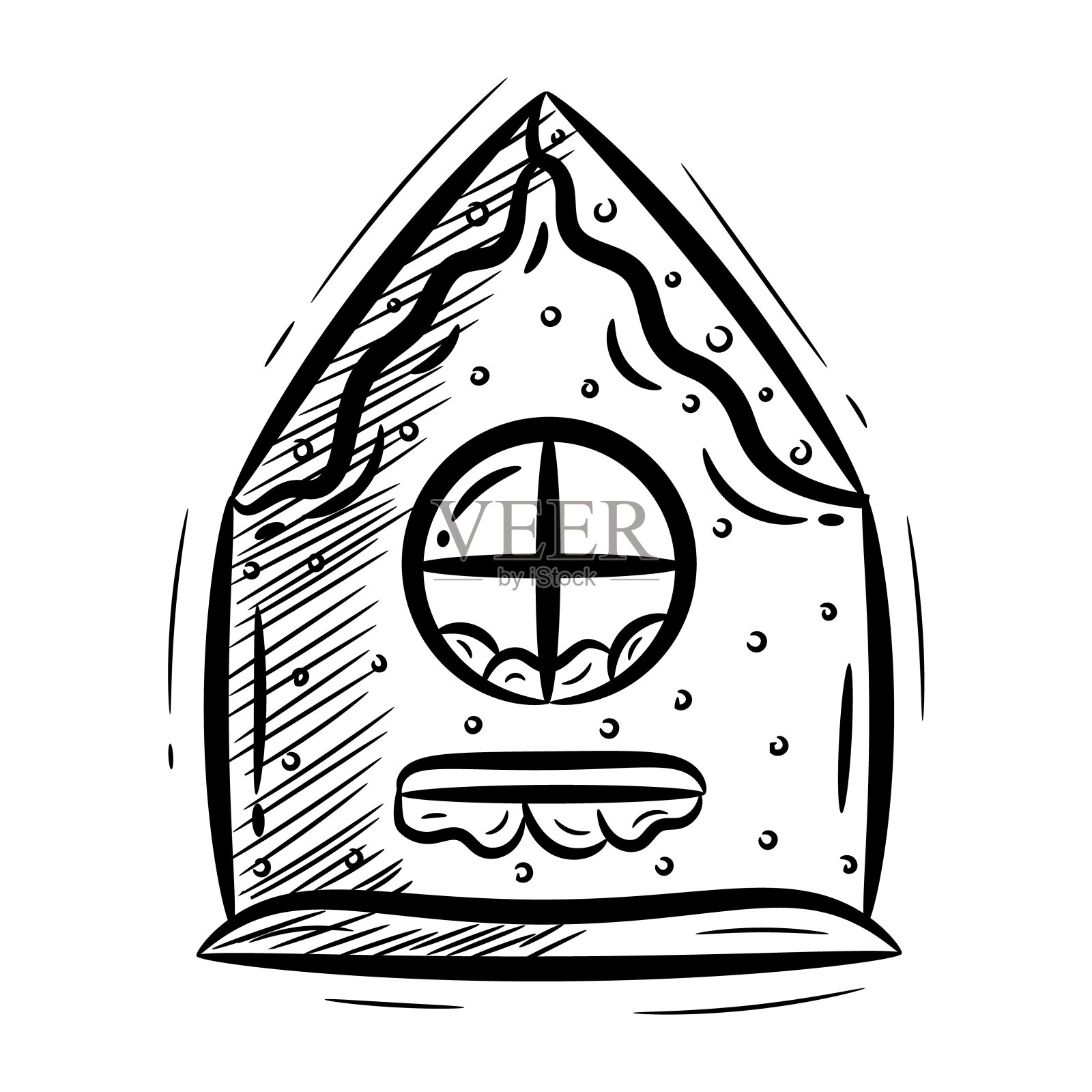 圣诞手绘鸟屋与雪涂鸦在黑色素描插画图片素材