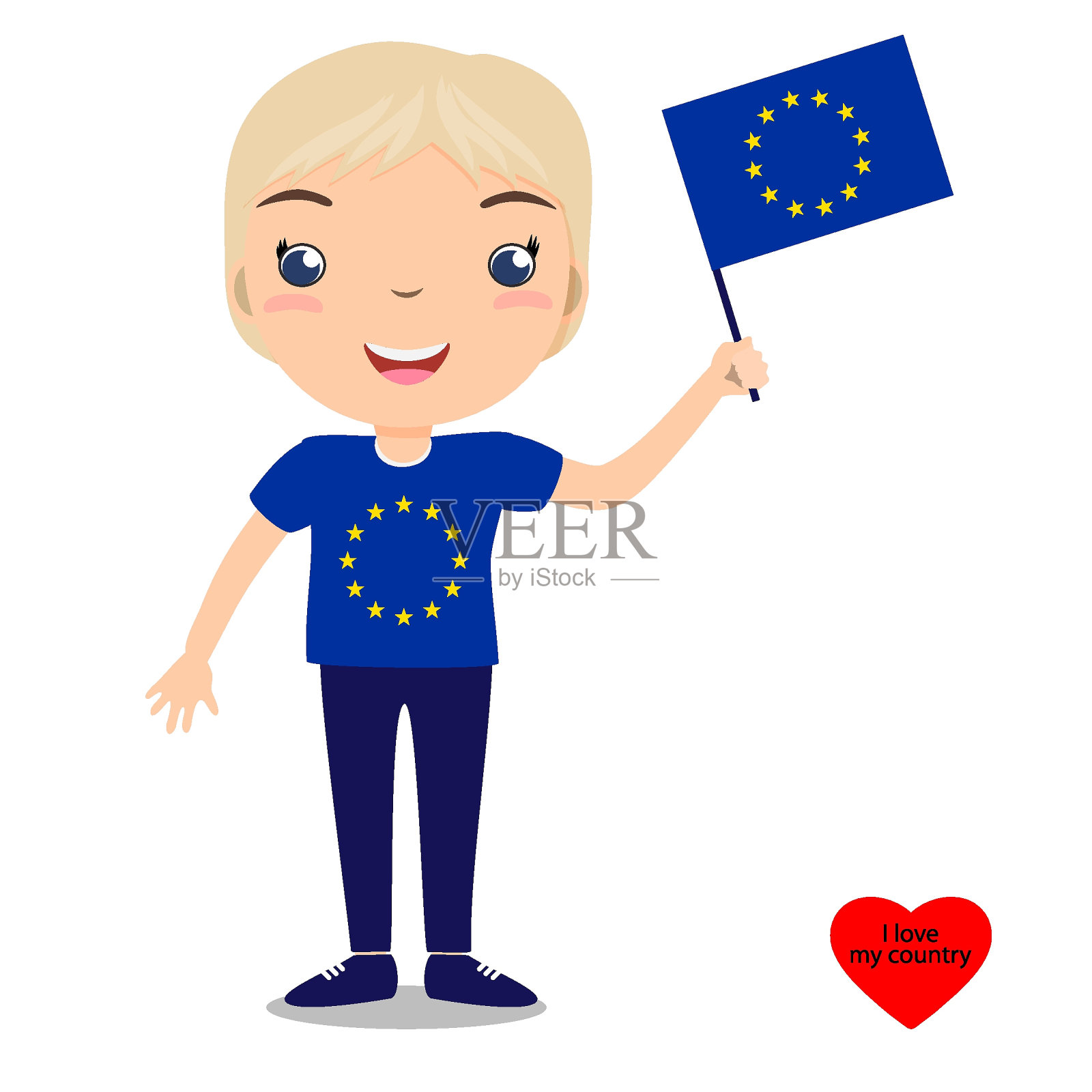 微笑的孩子，男孩，拿着白色背景的欧盟旗帜。向量卡通吉祥物。假日插图的国家的日子，独立日，国旗日。设计元素图片