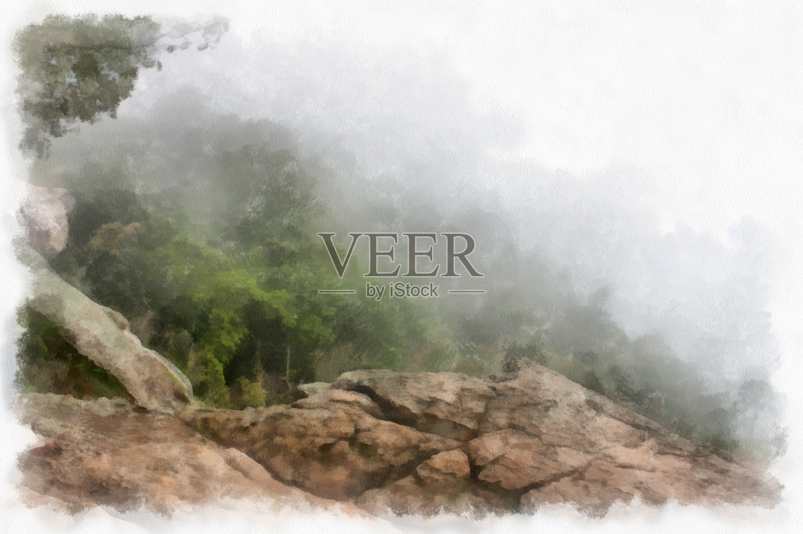 风景山、森林、树木和雾水彩风格插图印象派绘画。插画图片素材