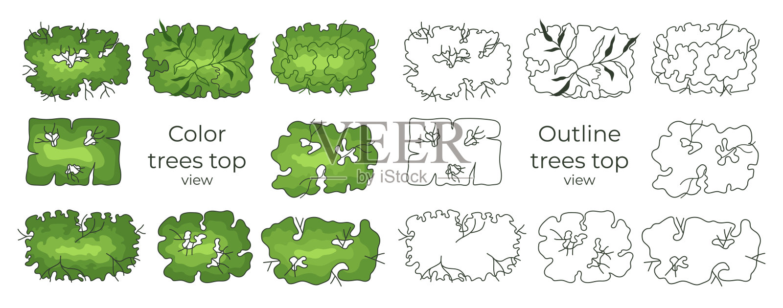 树的建筑平面图。随行人员设计。各种树木，灌木，和灌木，俯视图为景观设计方案。矢量插图。设计元素图片