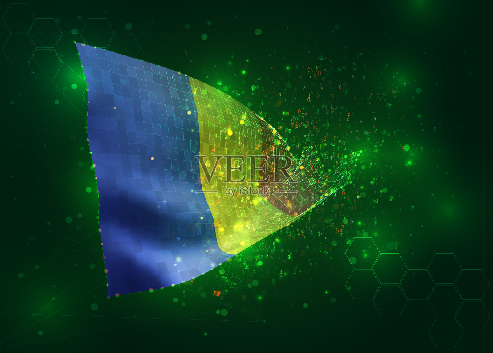 罗马尼亚，在矢量3d旗帜上的绿色背景与多边形和数据数字插画图片素材