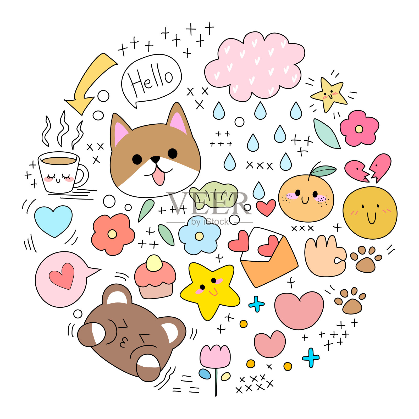 卡哇伊集时尚补丁徽章贴纸在一个圆形的背景插画图片素材