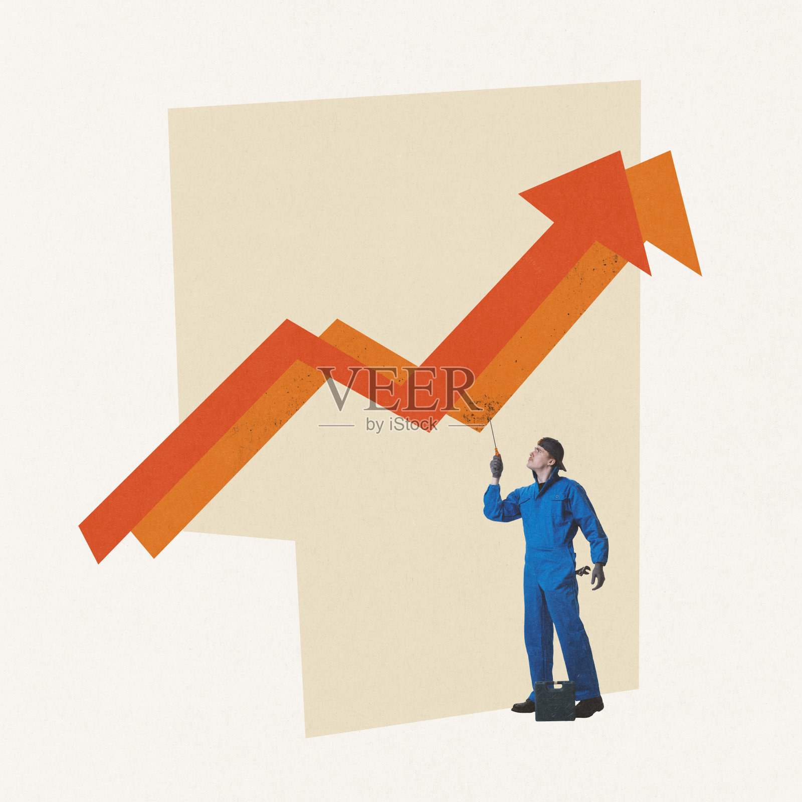 当代艺术拼贴。伙计，技术员在解决公司当前的问题。向上的箭头，进步和成功照片摄影图片