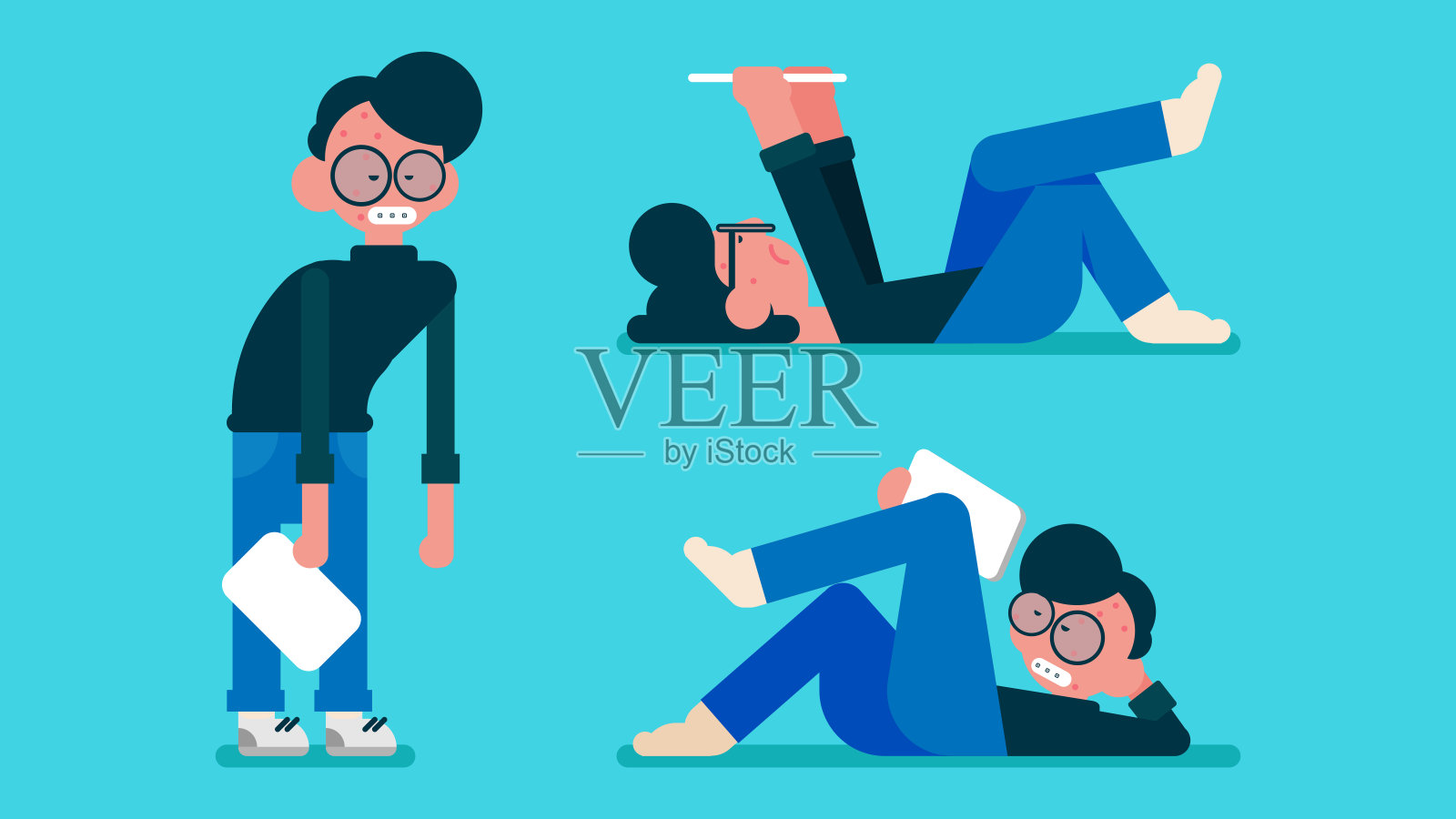 懒人穿着黑色衬衫和牛仔裤裤子，躺在地板上用平板电脑看电影，书呆子戴着眼镜休息放松，扁平的头像矢量插画。插画图片素材