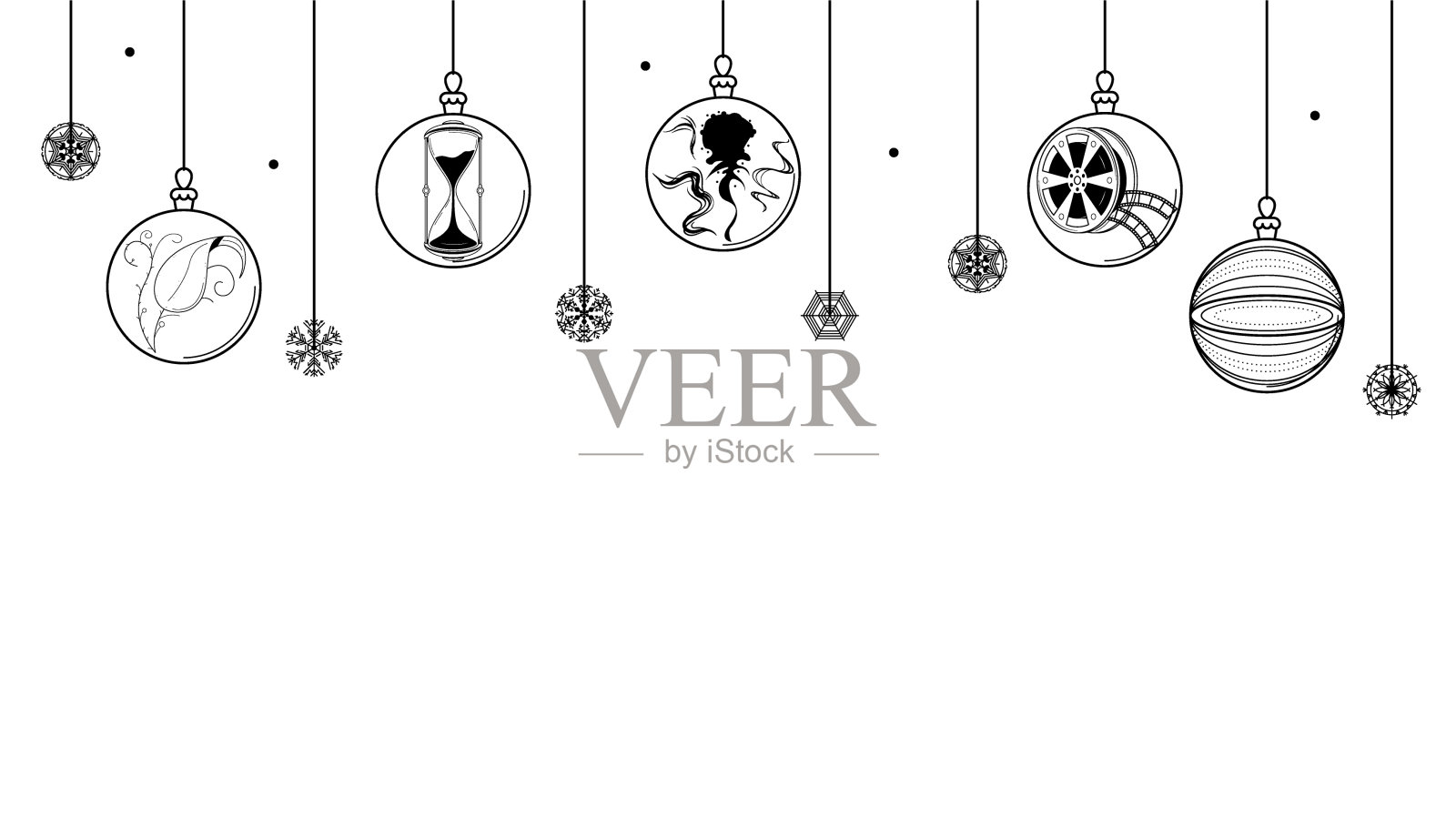 黑色涂鸦轮廓简单线抽象玛丽圣诞圣诞球与雪花节日装饰新年快乐背景矢量设计风格插画图片素材