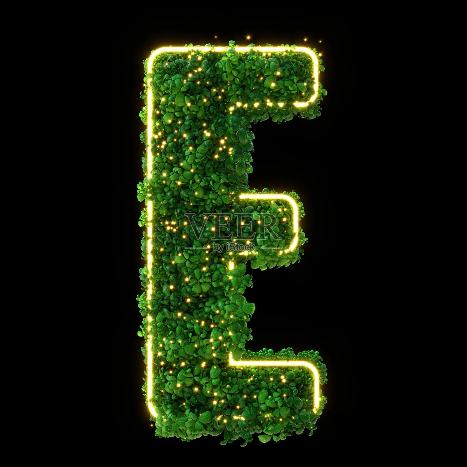 绿色植物，发光的霓虹叶，草，苔藓，罗勒，薄荷。隔离在黑色背景与裁剪路径。3d插图。照片摄影图片