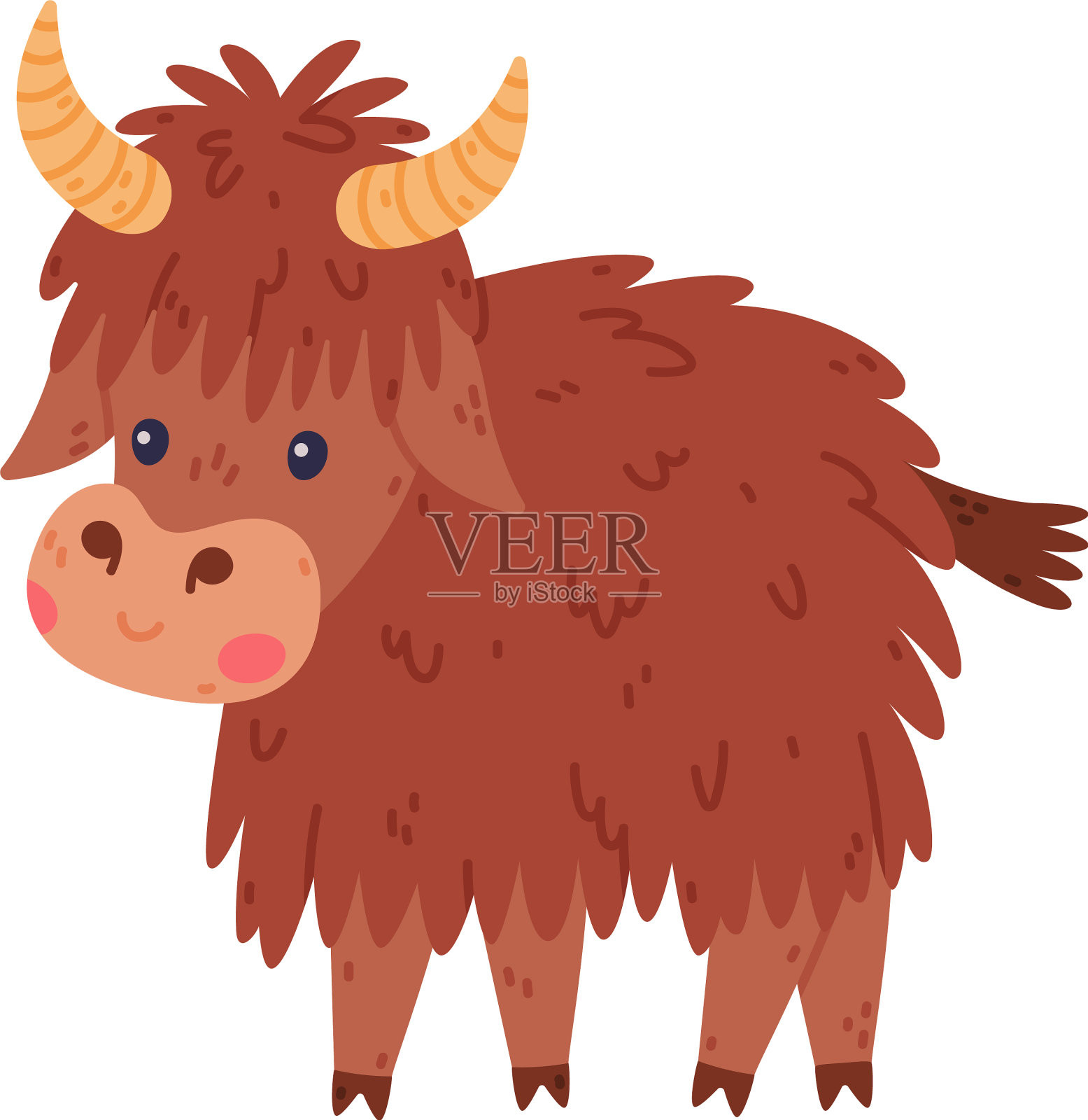 可爱的牦牛角色，浓密的皮毛和角设计元素图片