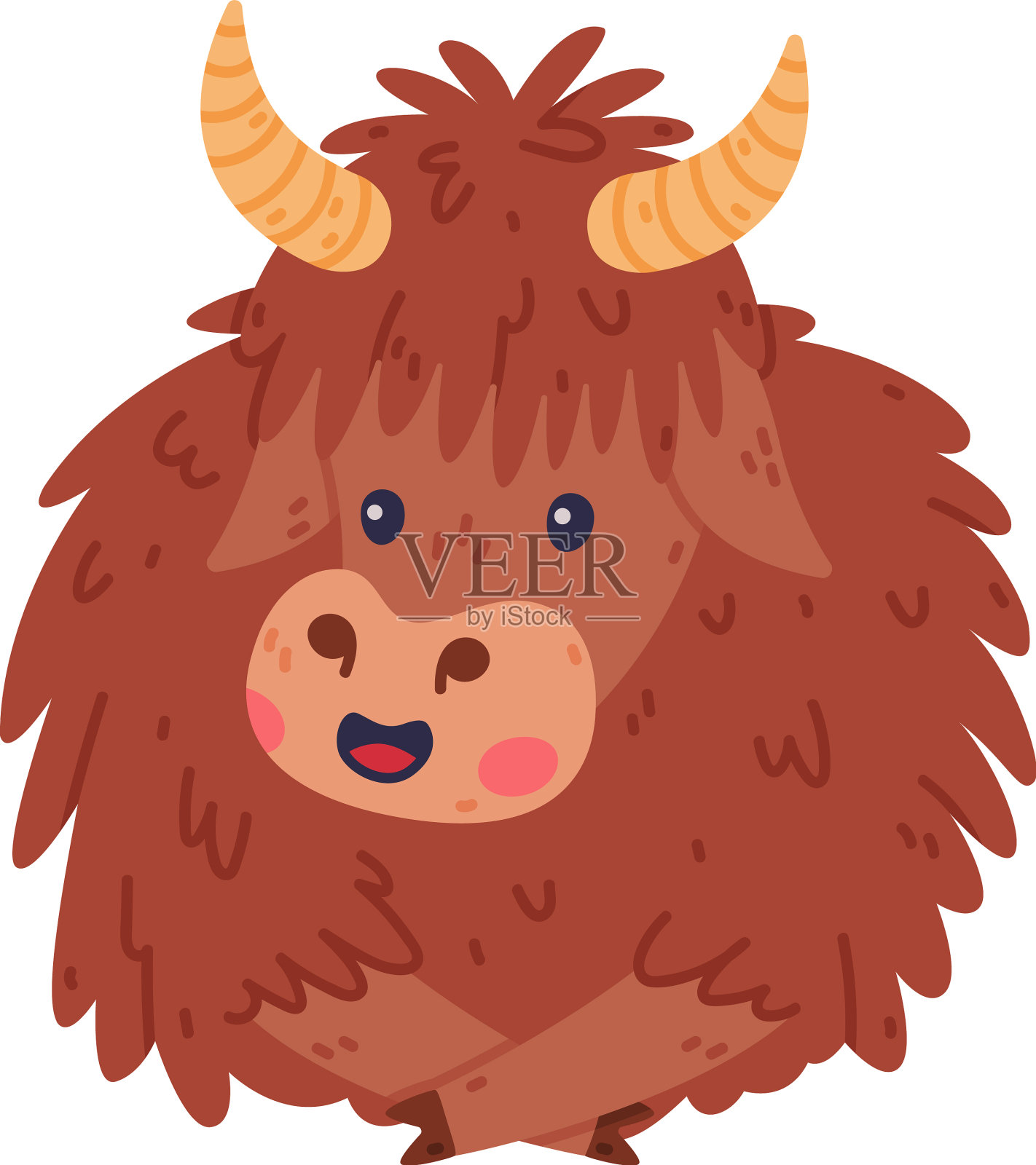 可爱的牦牛角色，浓密的皮毛和角设计元素图片