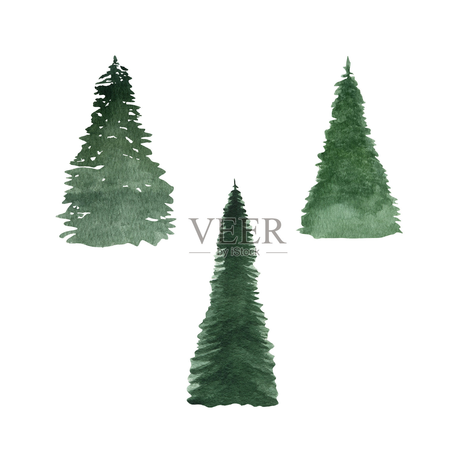 一组水彩松树和冷杉孤立在白色背景。抽象的树木轮廓。适合假日和圣诞节的设计，卡片，装饰，邀请。插画图片素材