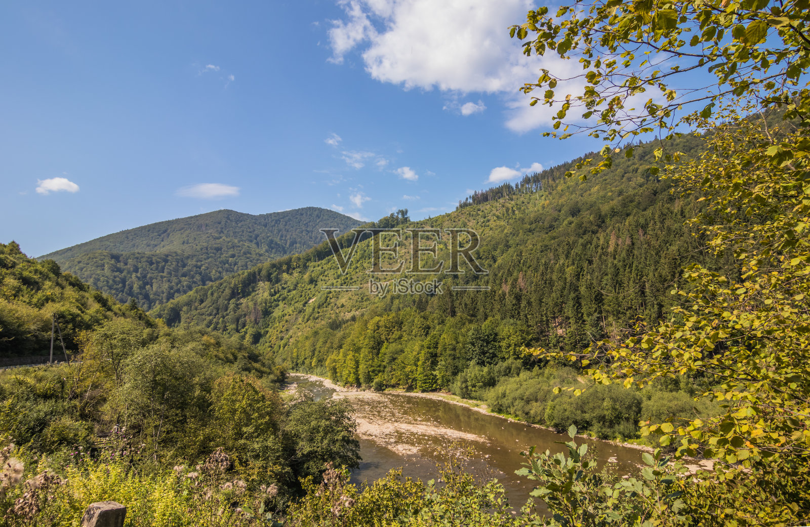 夏天的河流在阳光灿烂的日子里树木繁茂的山脉。一条在群山之间流过的小河。绿色的圣诞树在山上和一条小河。喀尔巴阡山。乌克兰。照片摄影图片