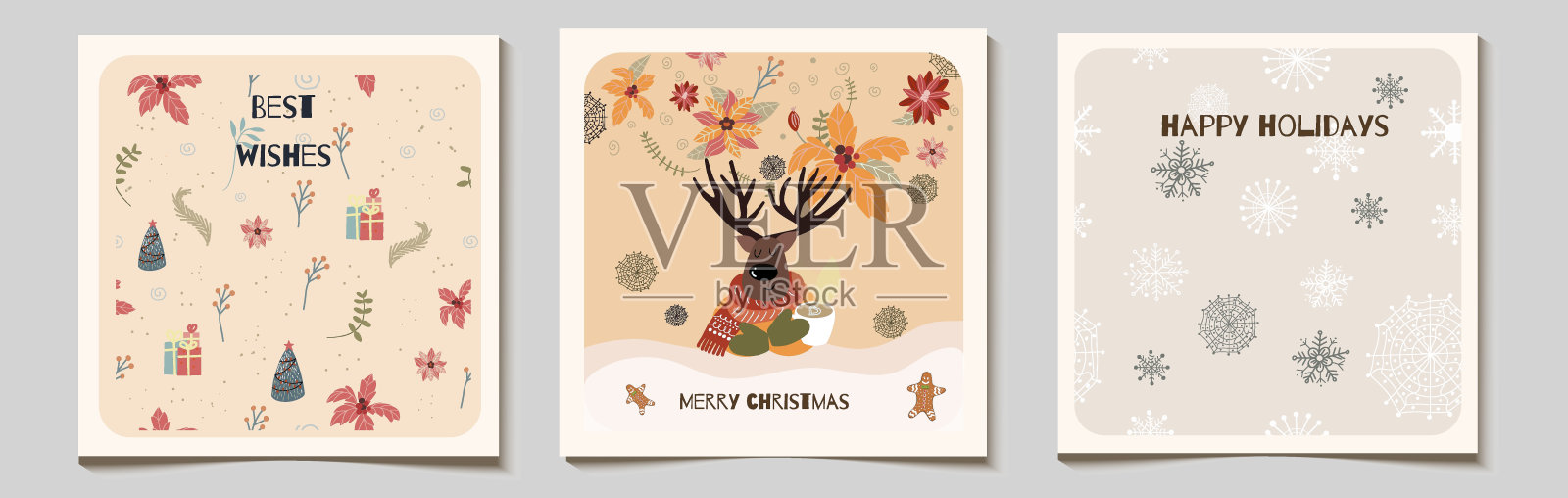 圣诞矢量礼品方卡或标签套，鹿在毛衣，盛开的鹿角，花卉元素，一品红，雪花，圣诞快乐，最美好的祝愿字母。设计模板素材
