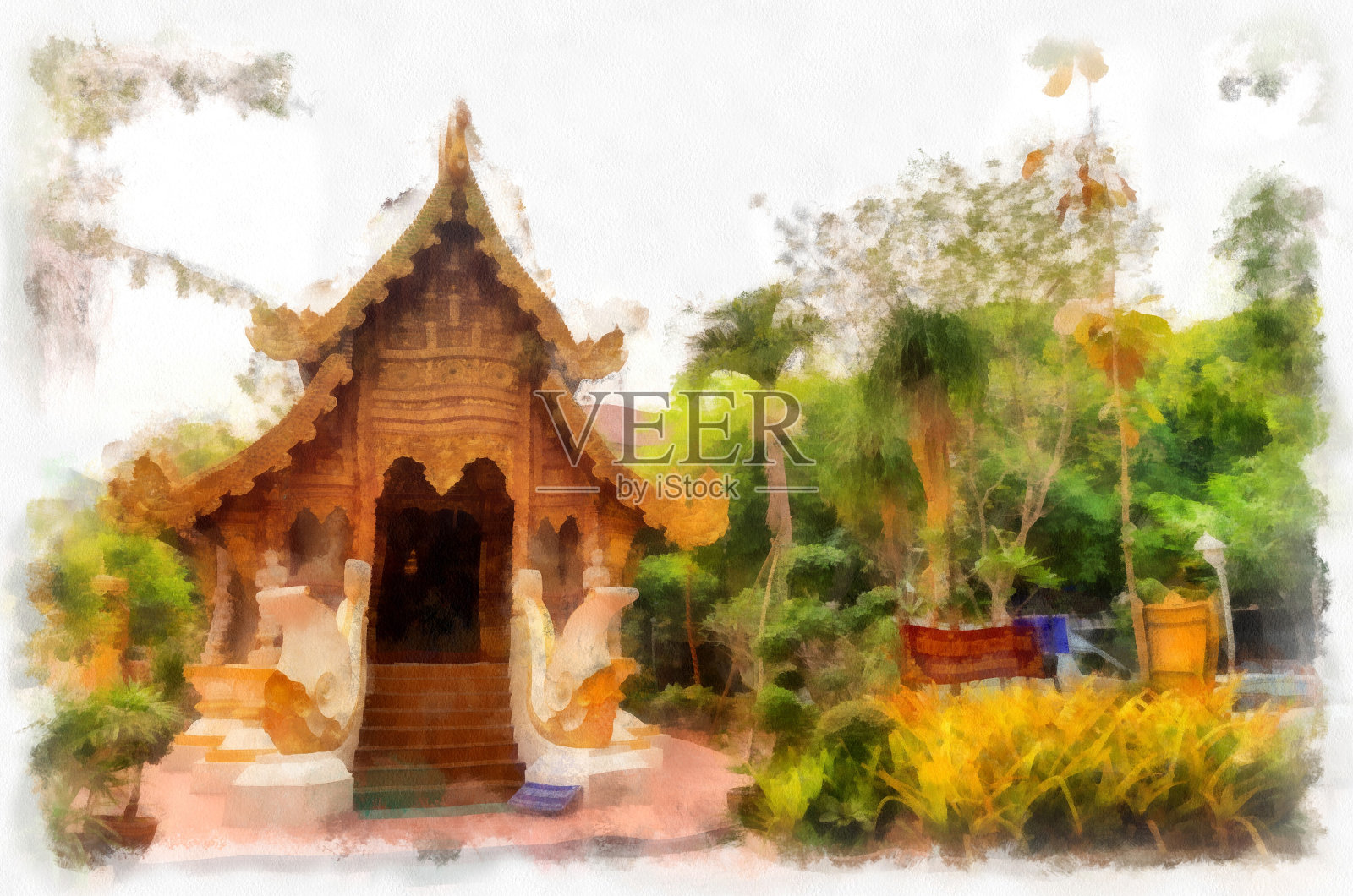 泰国北部古代寺庙的建筑景观和古代艺术。插图。印象派水彩画。插画图片素材