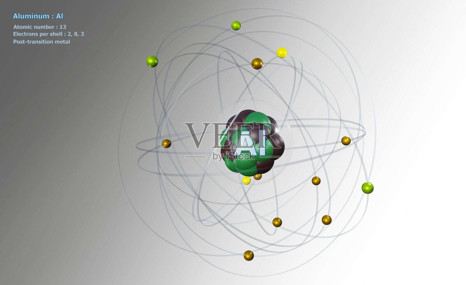 铝原子的核和13个电子在白色照片摄影图片