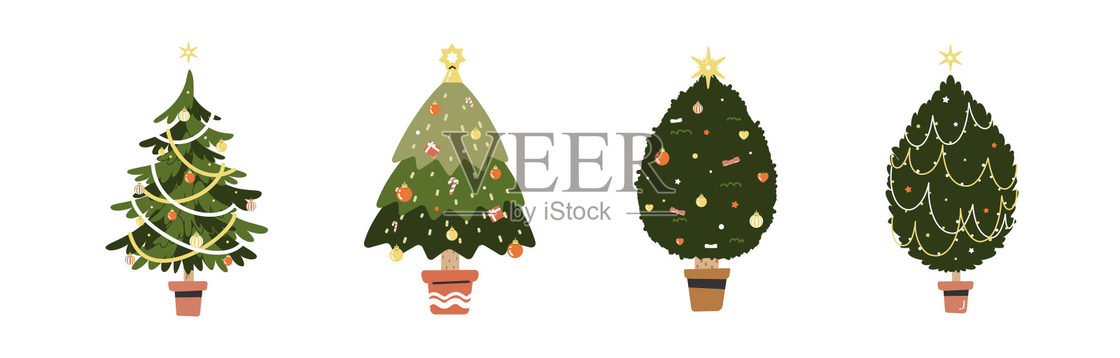 一套各种各样的可爱的圣诞树与可爱的装饰扁平矢量插图孤立在白色背景。圣诞快乐，新年快乐插画图片素材