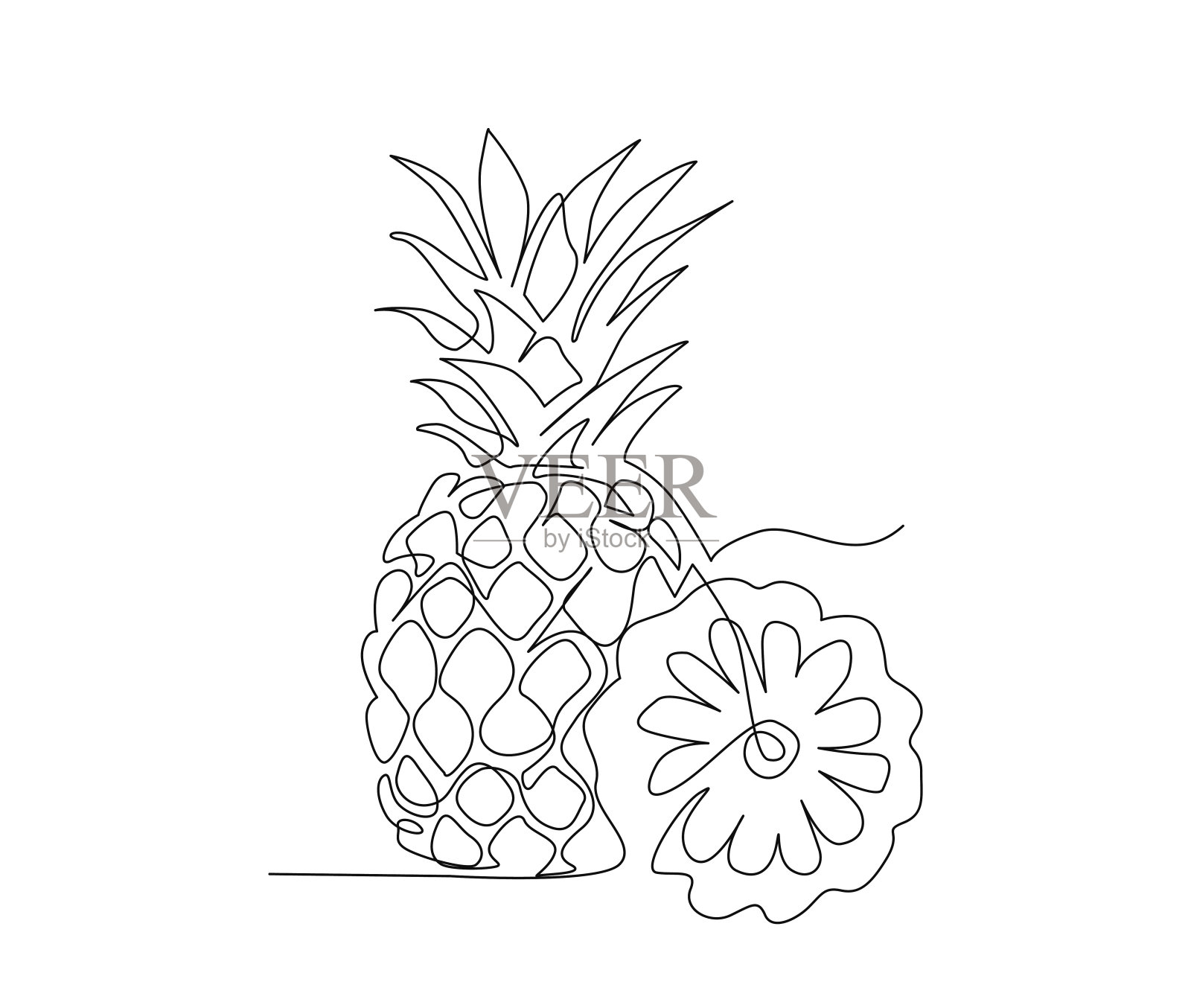 菠萝果连续线条艺术画。热带菠萝单线艺术绘画矢量插图。插画图片素材