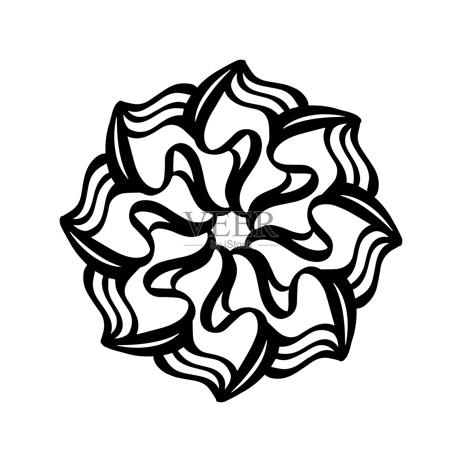 对称的丝带花手绘卡通涂鸦风格孤立在白色背景。采购产品轮廓素描，印刷，图形图标，标志，花卉装饰元素为明信片设计，自然模式。插画图片素材