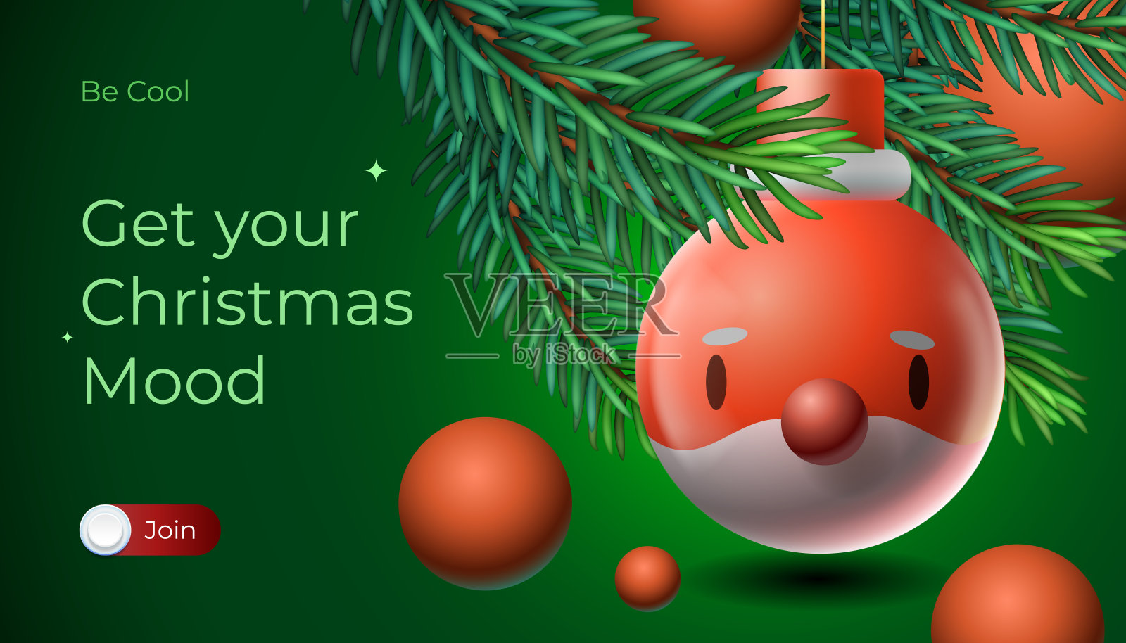 圣诞节网页横幅。圣诞玻璃球圣诞老人与圣诞老人的脸挂在圣诞脚树上。贺卡，横幅，海报，矢量插图插画图片素材