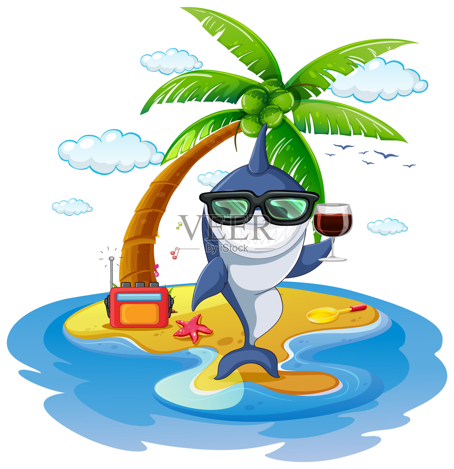 鲨鱼在岛上喝酒插画图片素材