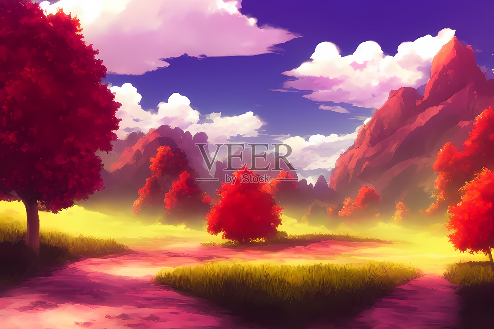 风景风景插图的山脉，丘陵覆盖着绿色植物，草地，和美丽的云在天空插画图片素材