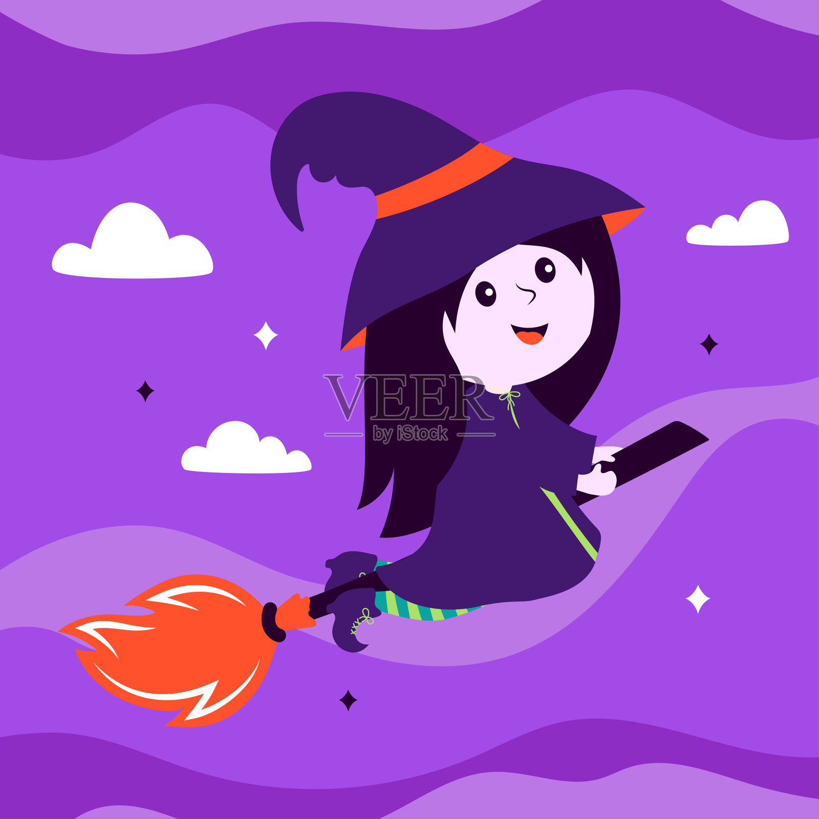 万圣节矢量插图与可爱的女巫在扫帚插画图片素材