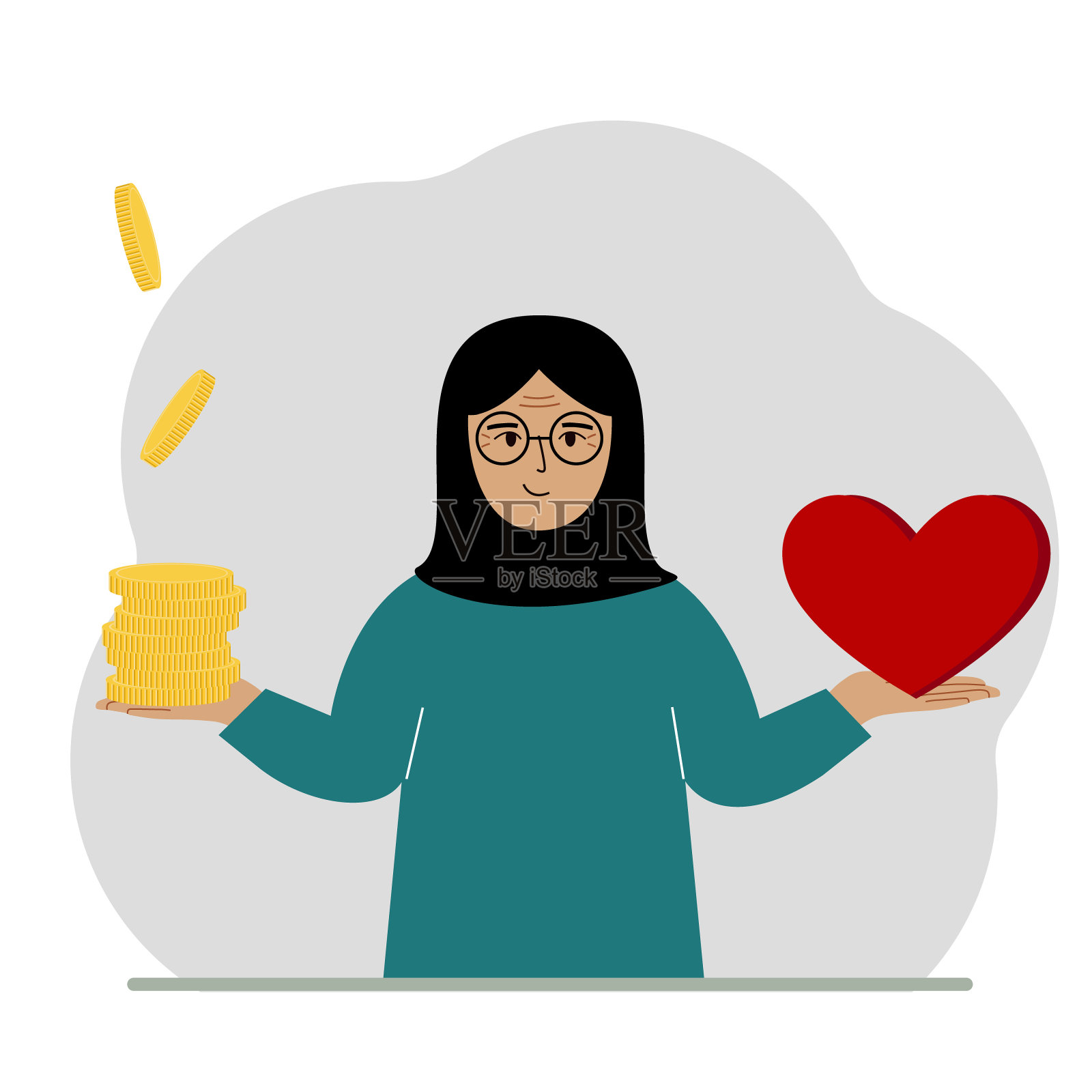 一个女人手里的钱和红心。生活方式和工作不平衡。比较工作压力和健康的生活方式。平衡工作和生活。插画图片素材