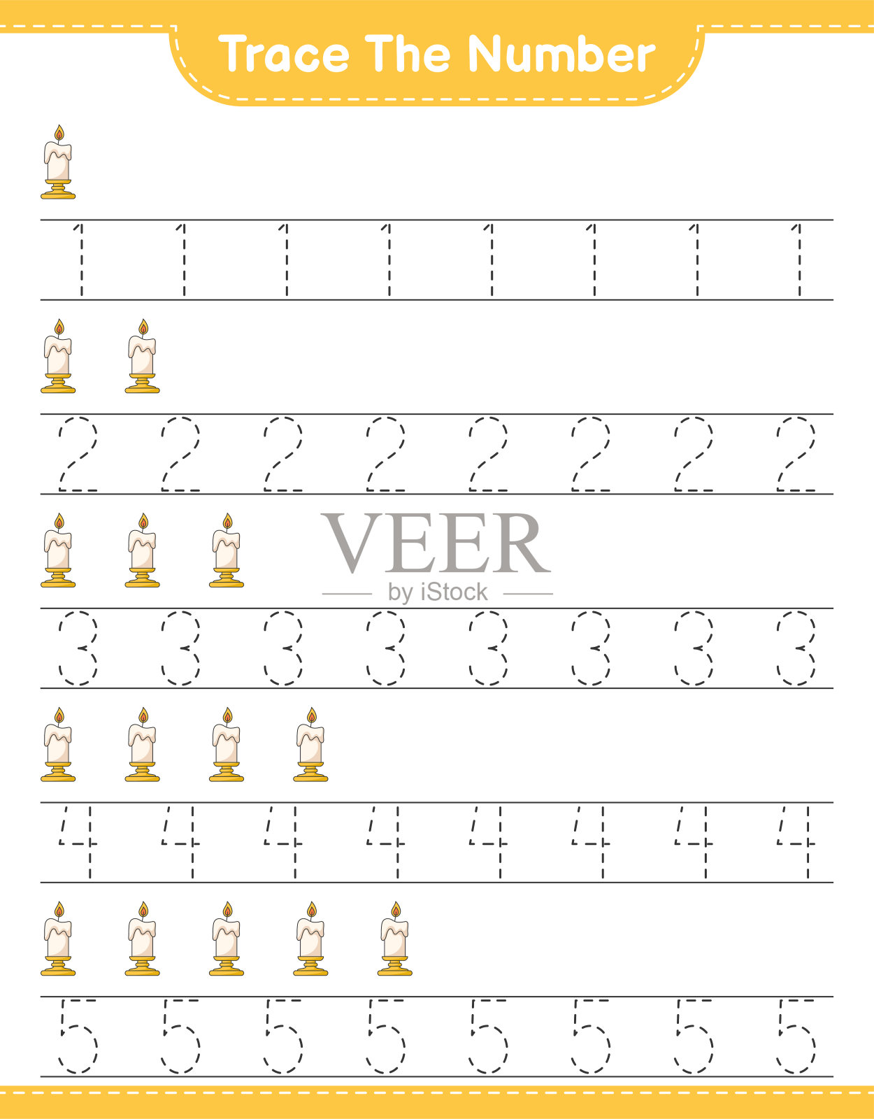 跟踪号码。用蜡烛追踪数字。教育儿童游戏，可打印的工作表，矢量插图插画图片素材