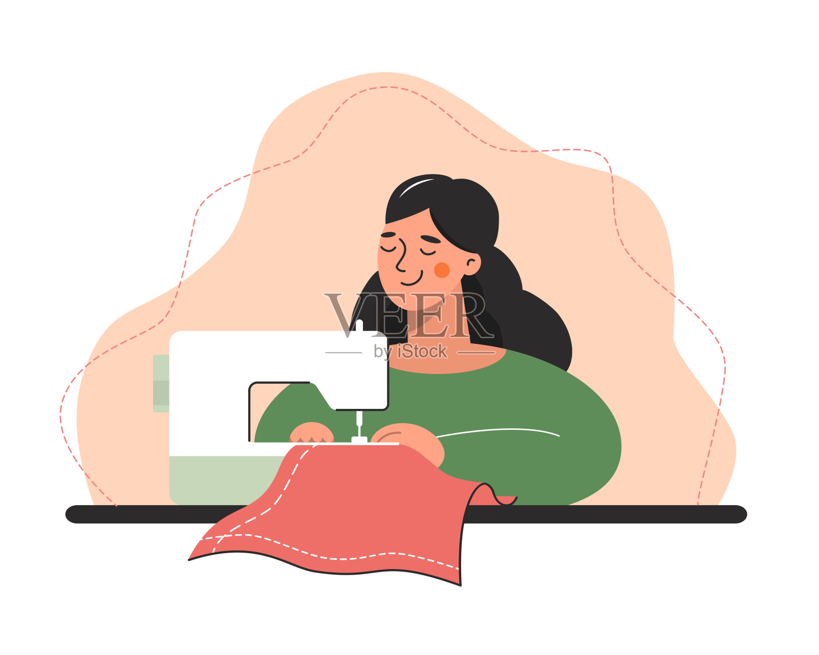 女裁缝在她的工作场所用缝纫机。时装设计师,裁缝。矢量插图在白色背景切割和缝纫课程插画图片素材