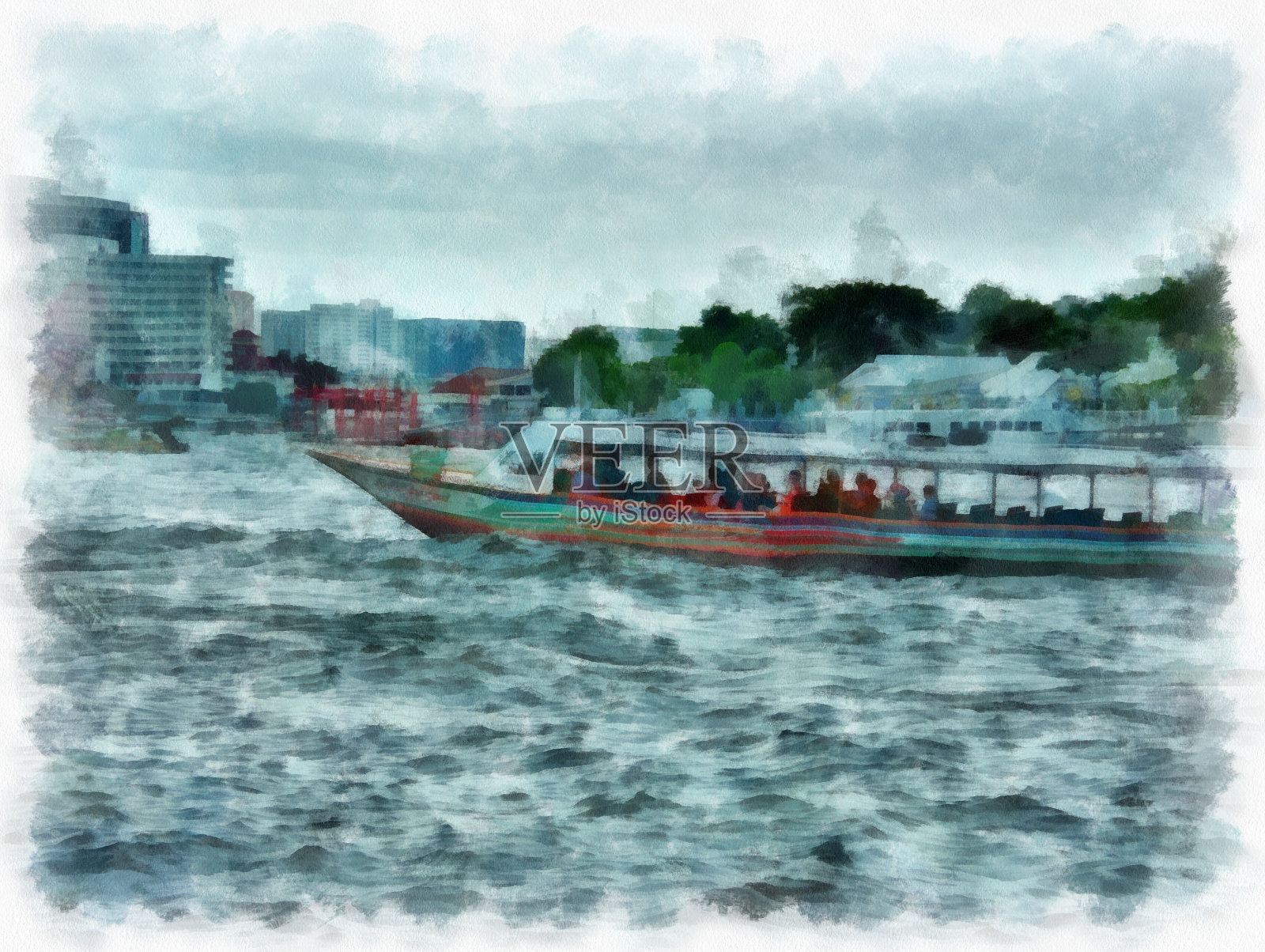 泰国曼谷湄南河风景水彩风格插图印象派绘画。插画图片素材