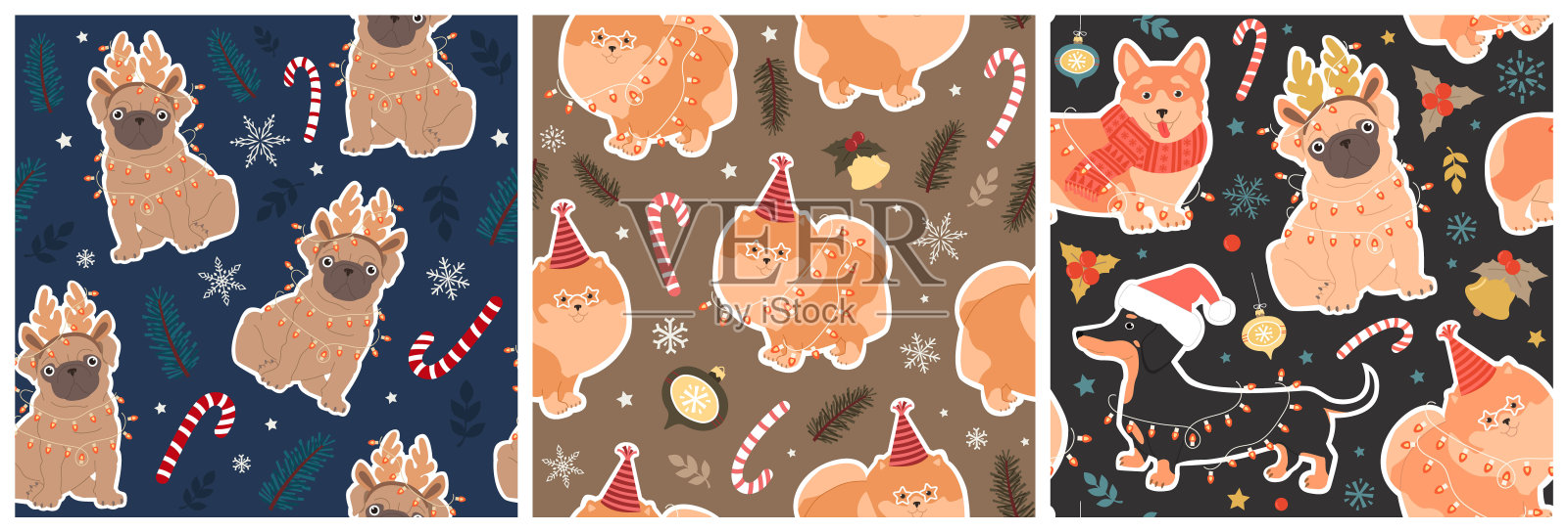 一套圣诞无缝模式与最可爱的有趣的狗。现代矢量插图包装纸，墙纸，织物，明信片。插画图片素材