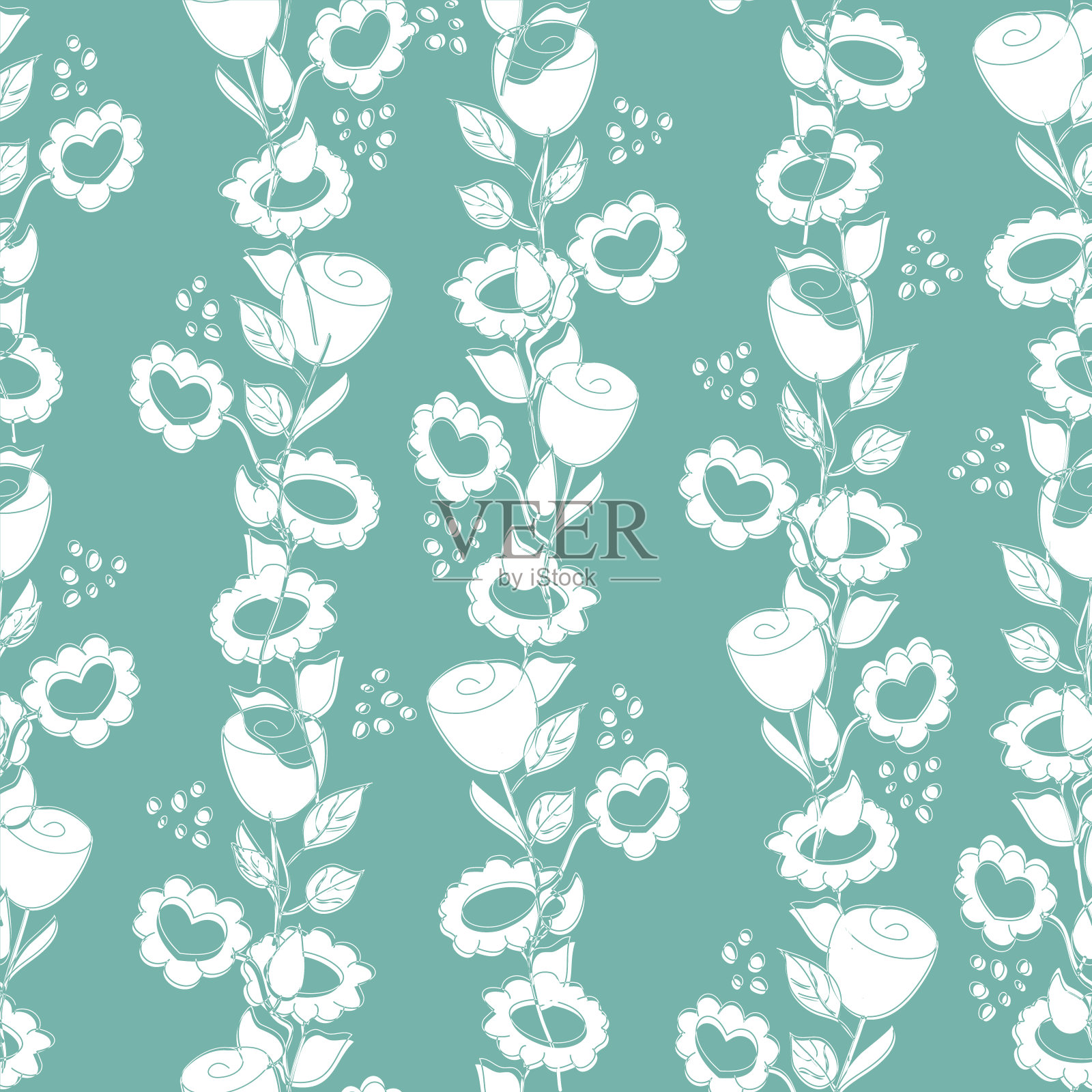 白色花朵剪影在蓝色背景上的无缝模式。花女背景插画图片素材