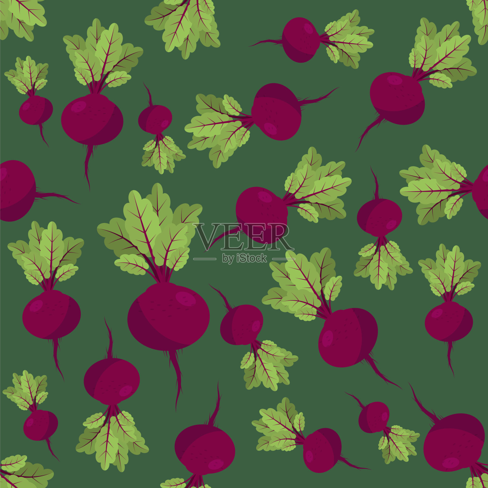 鲜甜菜根菜，绿叶绿底。无缝食品模式插画图片素材