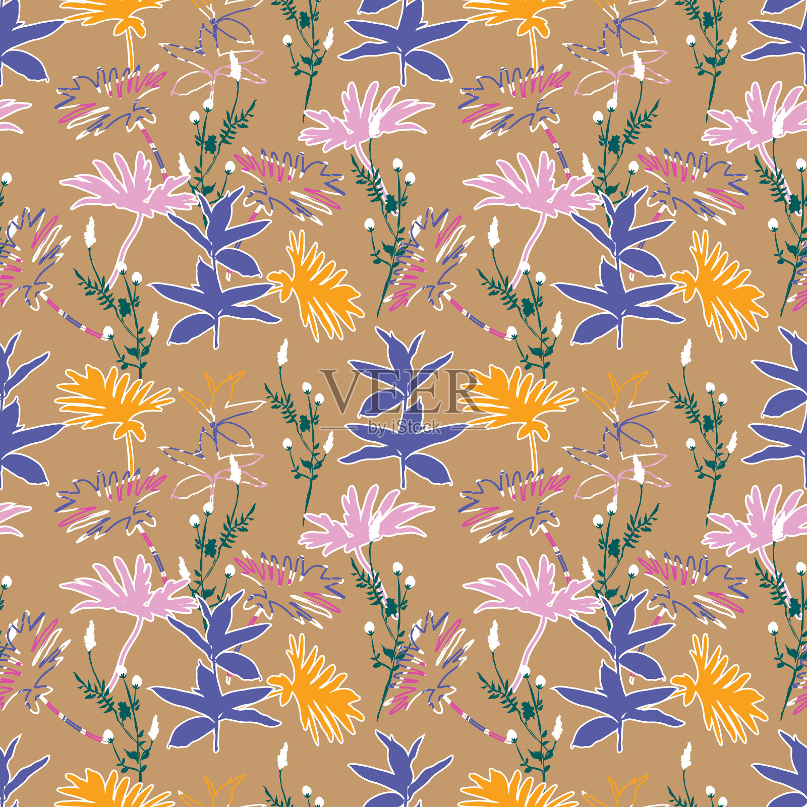 现代植物植物和树叶剪影时尚无缝模式矢量插图插画图片素材