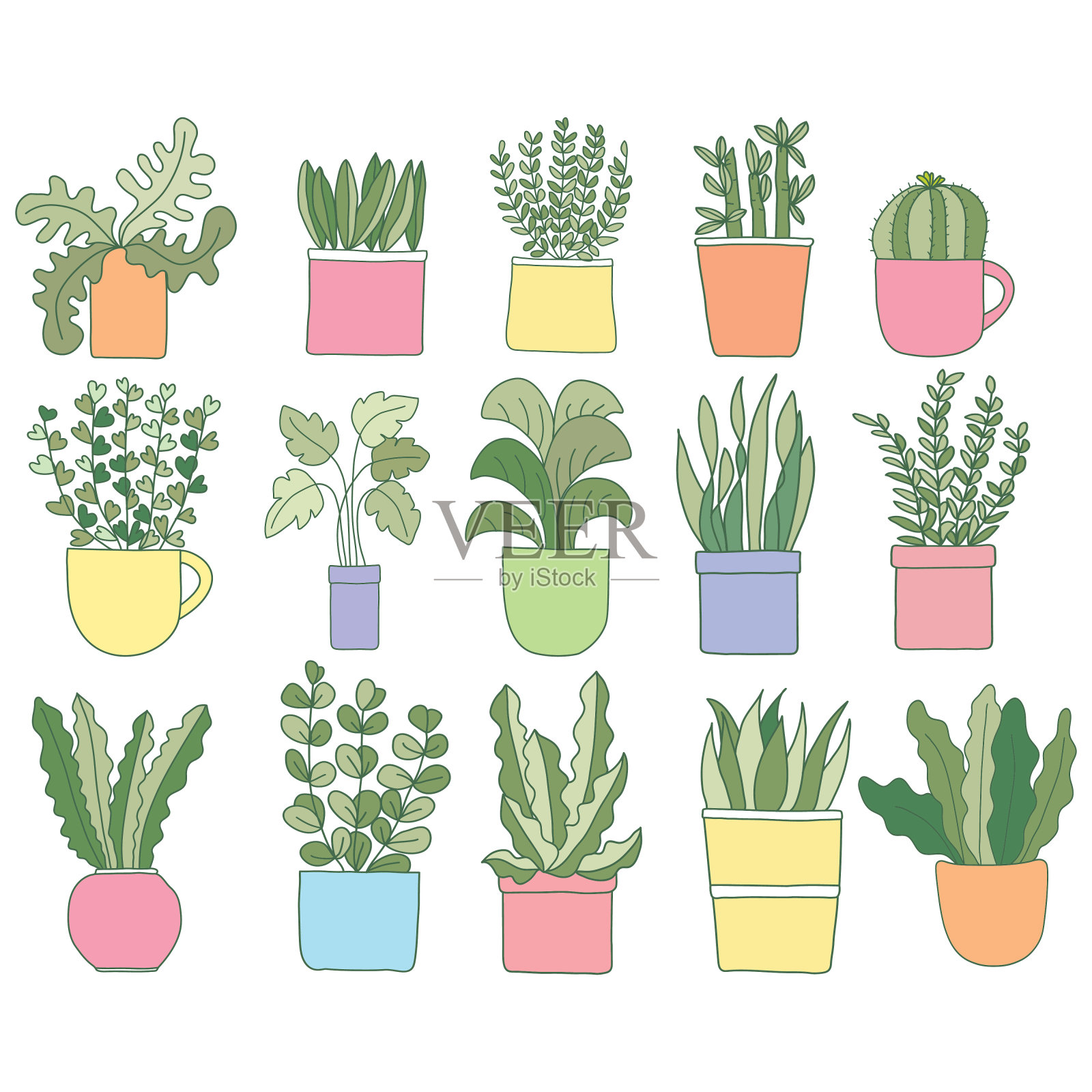 手绘矢量插图的树植物和仙人掌设置在白色背景插画图片素材