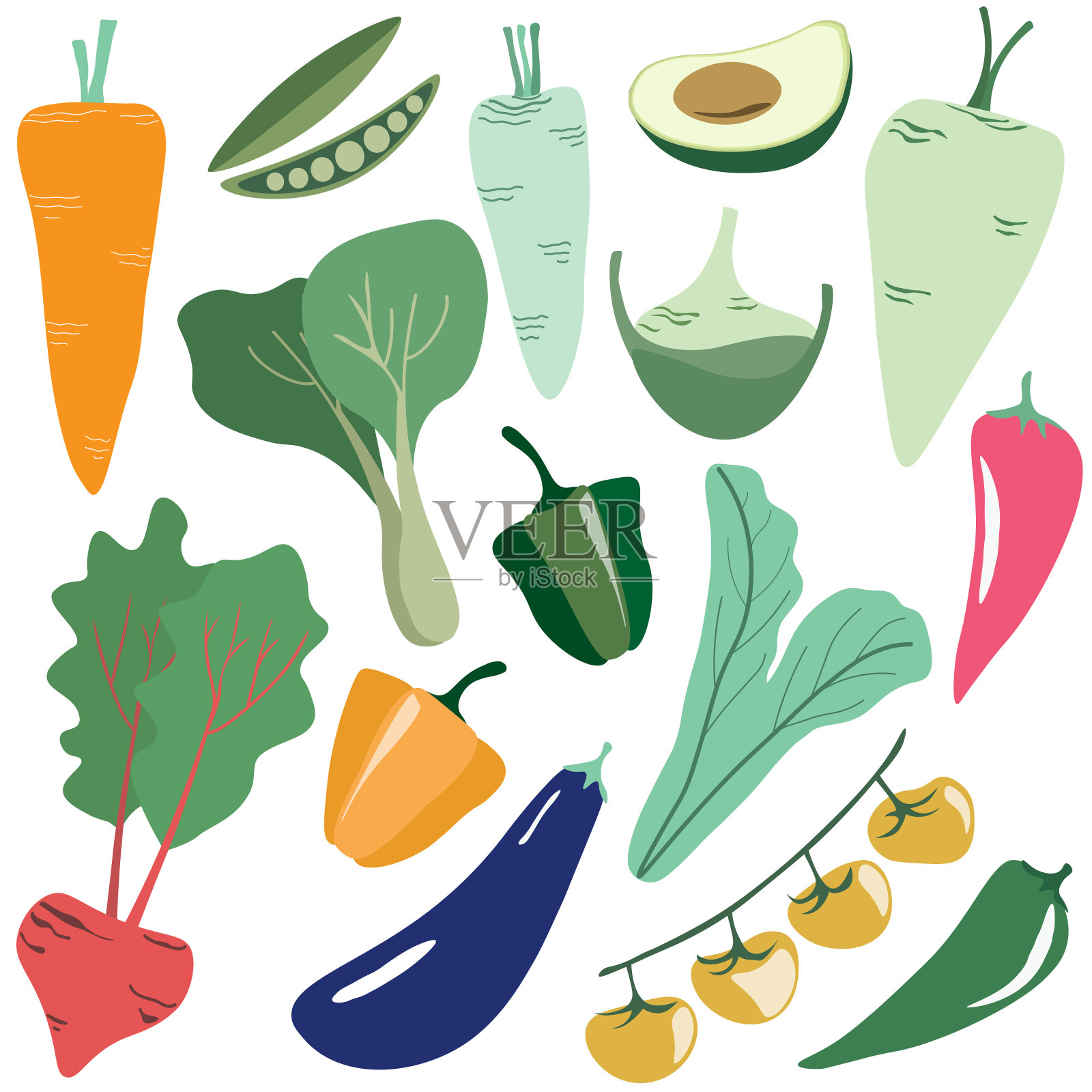 白色背景上新鲜蔬菜收集的矢量插图插画图片素材