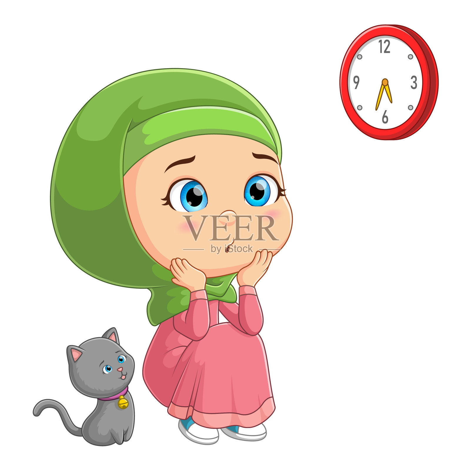 小穆斯林女孩和猫坐在一起，看着钟插画图片素材