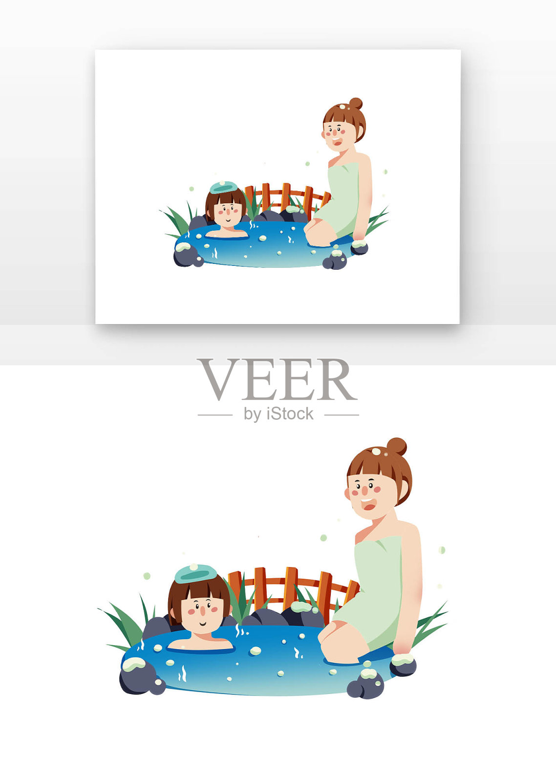 手绘卡通女孩一起泡温泉设计元素图片