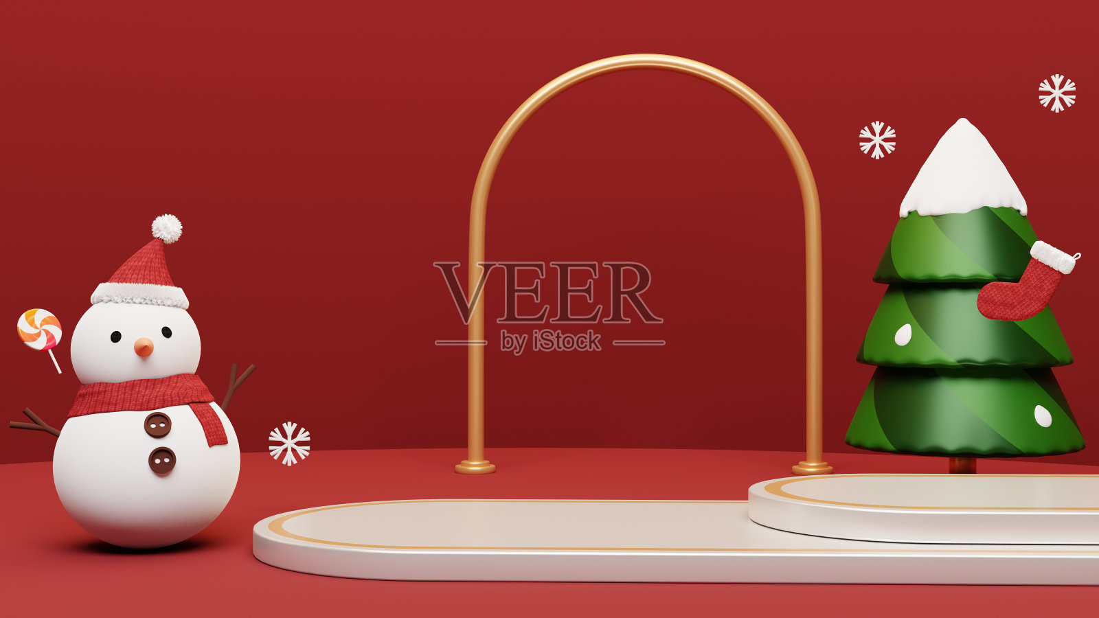 圣诞场景有雪人，松树，糖果，袜子和讲台。照片摄影图片