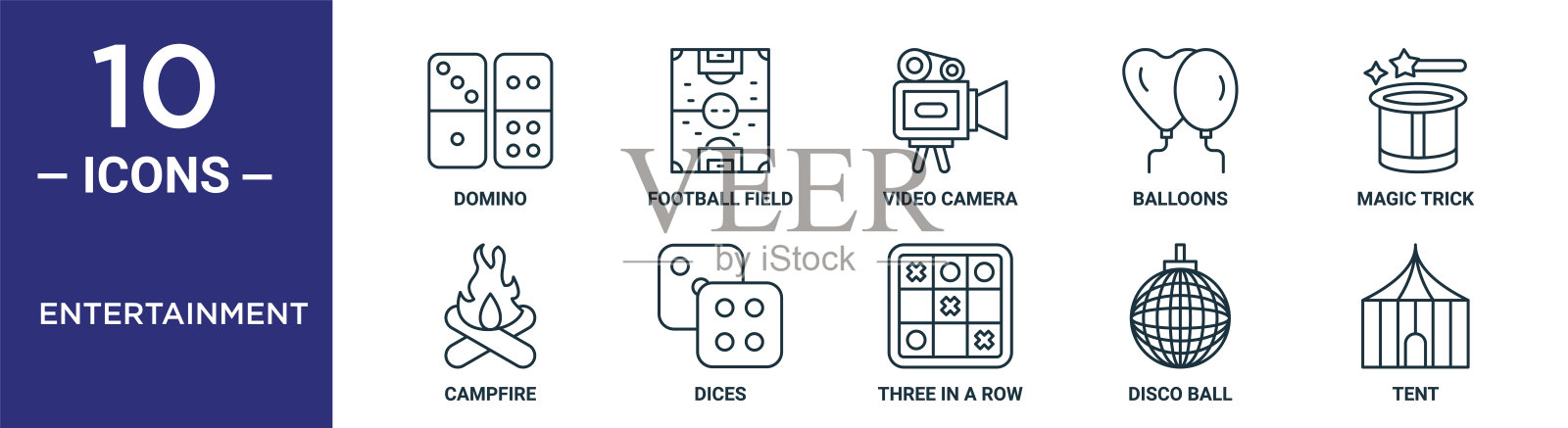 娱乐大纲图标集包括细线多米诺，摄像机，魔术，骰子，迪斯科球，帐篷，营火图标的报告，演示，图表，网页设计插画图片素材