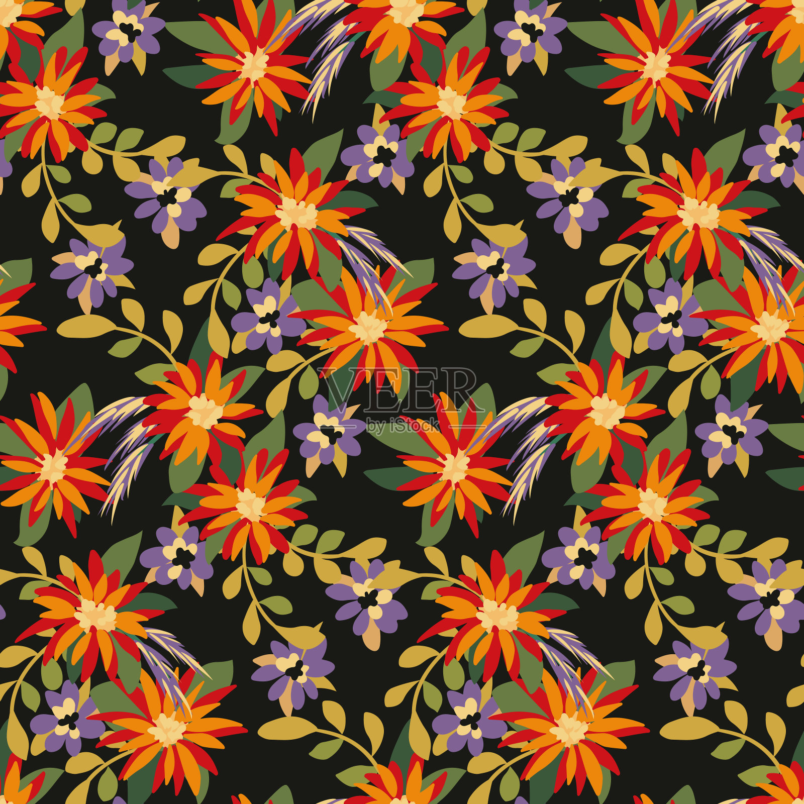 无缝的花卉图案与秋季植物，小花朵，装饰艺术草地上的黑色背景。向量。插画图片素材