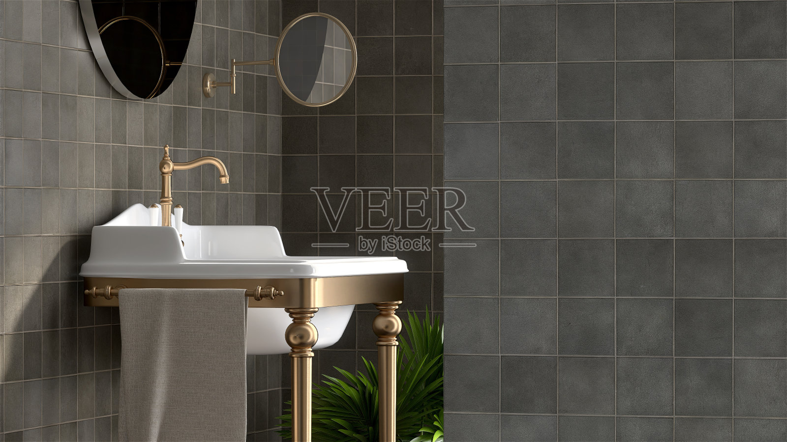 现代和豪华的黄铜浴室梳妆台顶部与白色矩形陶瓷脸盆阳光从窗户上灰色瓷砖墙背景照片摄影图片