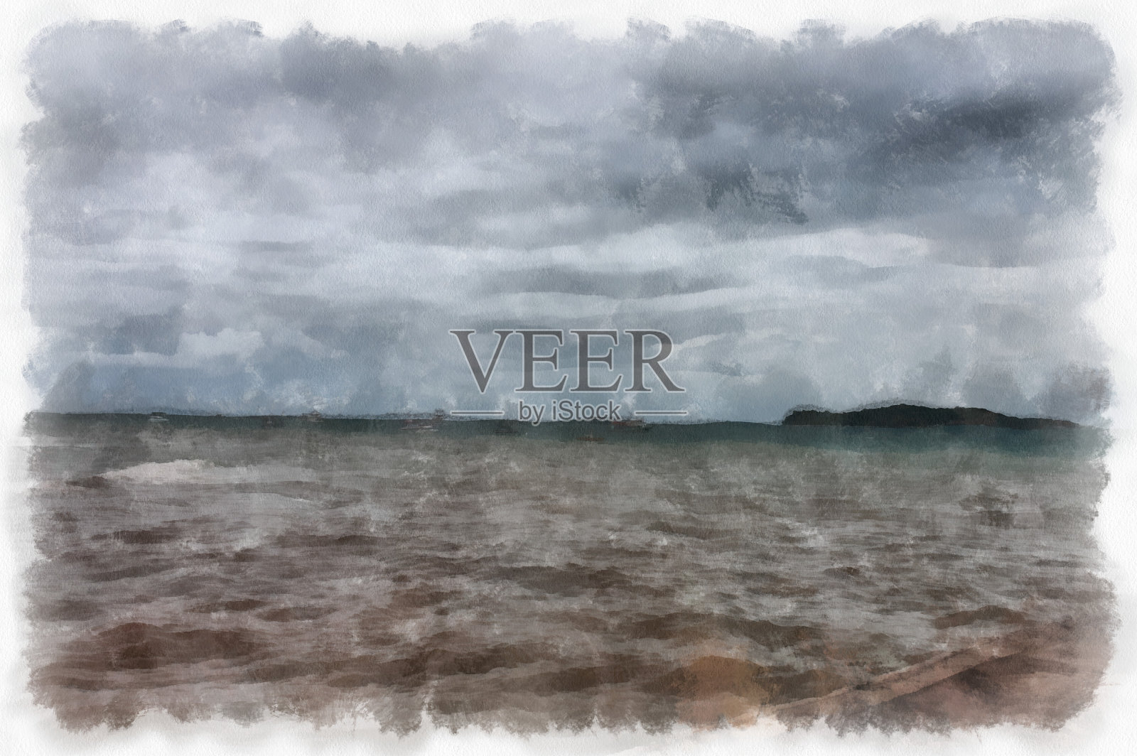 海景和渔村水彩风格插画印象派绘画。插画图片素材