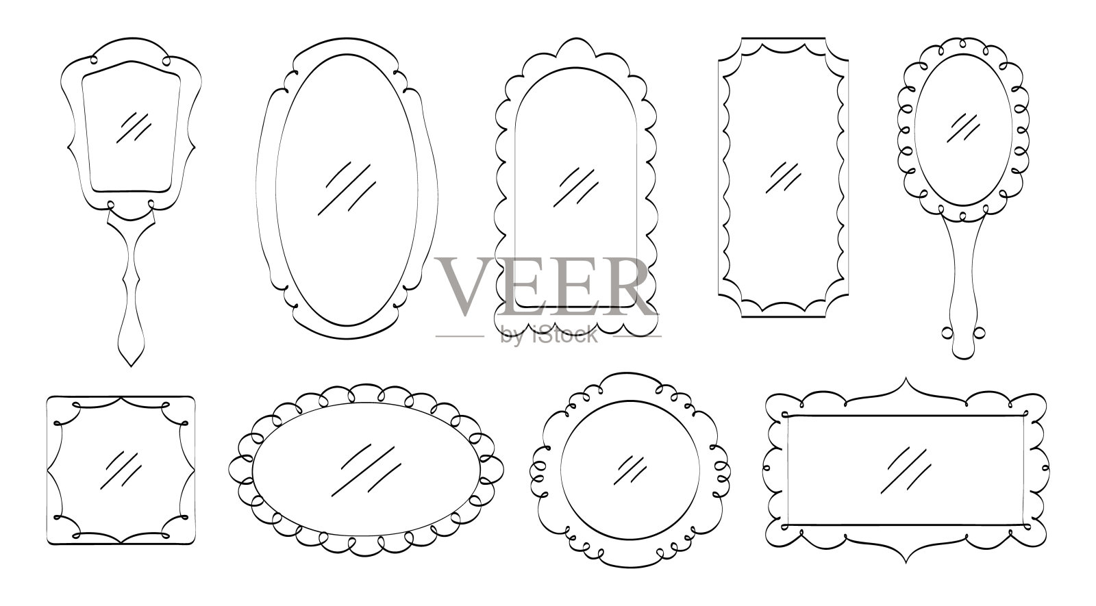 复古镜子矢量集在涂鸦风格。的图像帧。手绘镜面边框插画图片素材