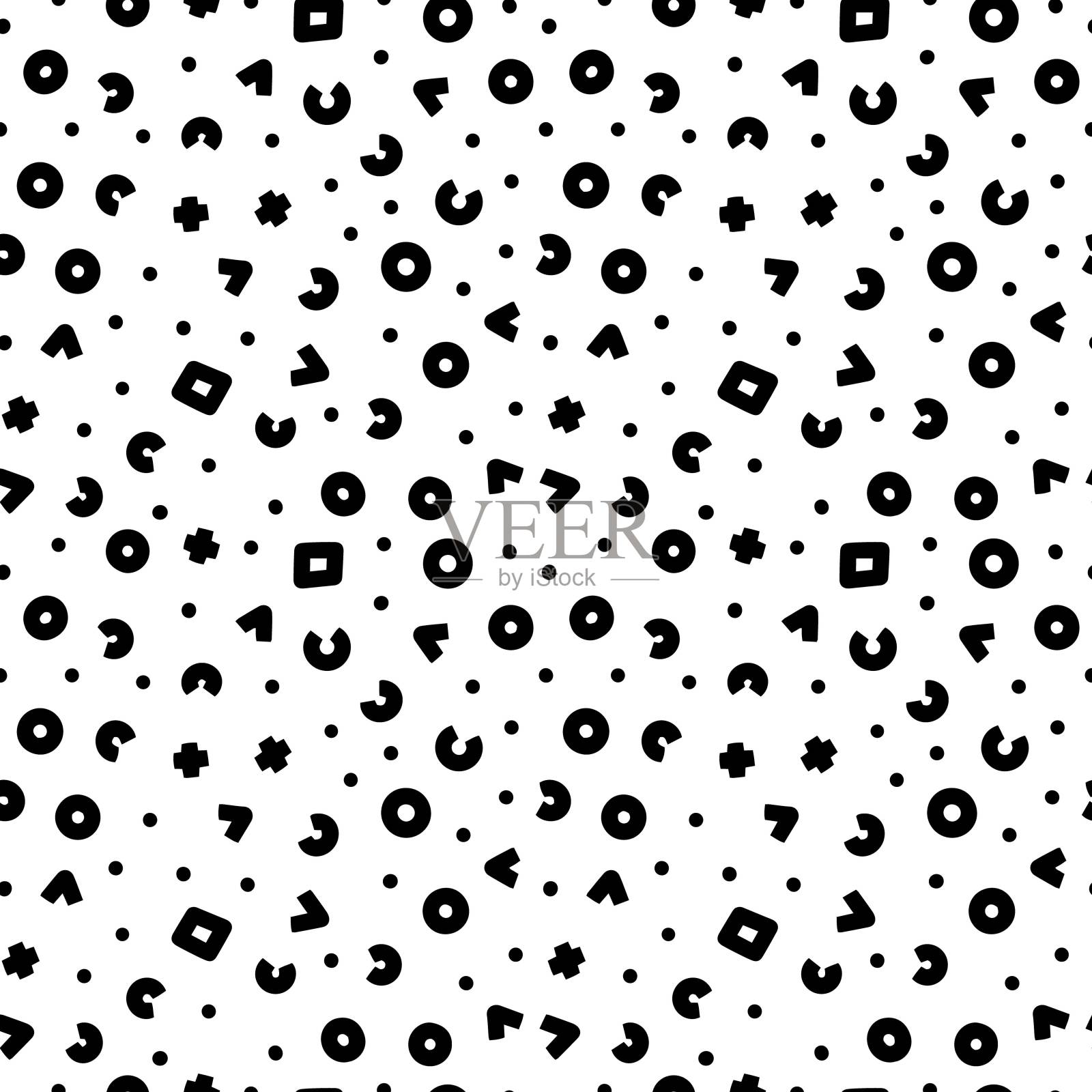 矢量无缝模式与黑色手绘三角形，圆形和白色背景上的正方形。无缝图案可用于纺织品、墙纸、包装纸、网页。插画图片素材