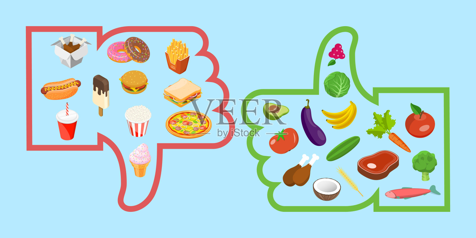 健康食品与垃圾食品的三维等距平面矢量概念图插画图片素材
