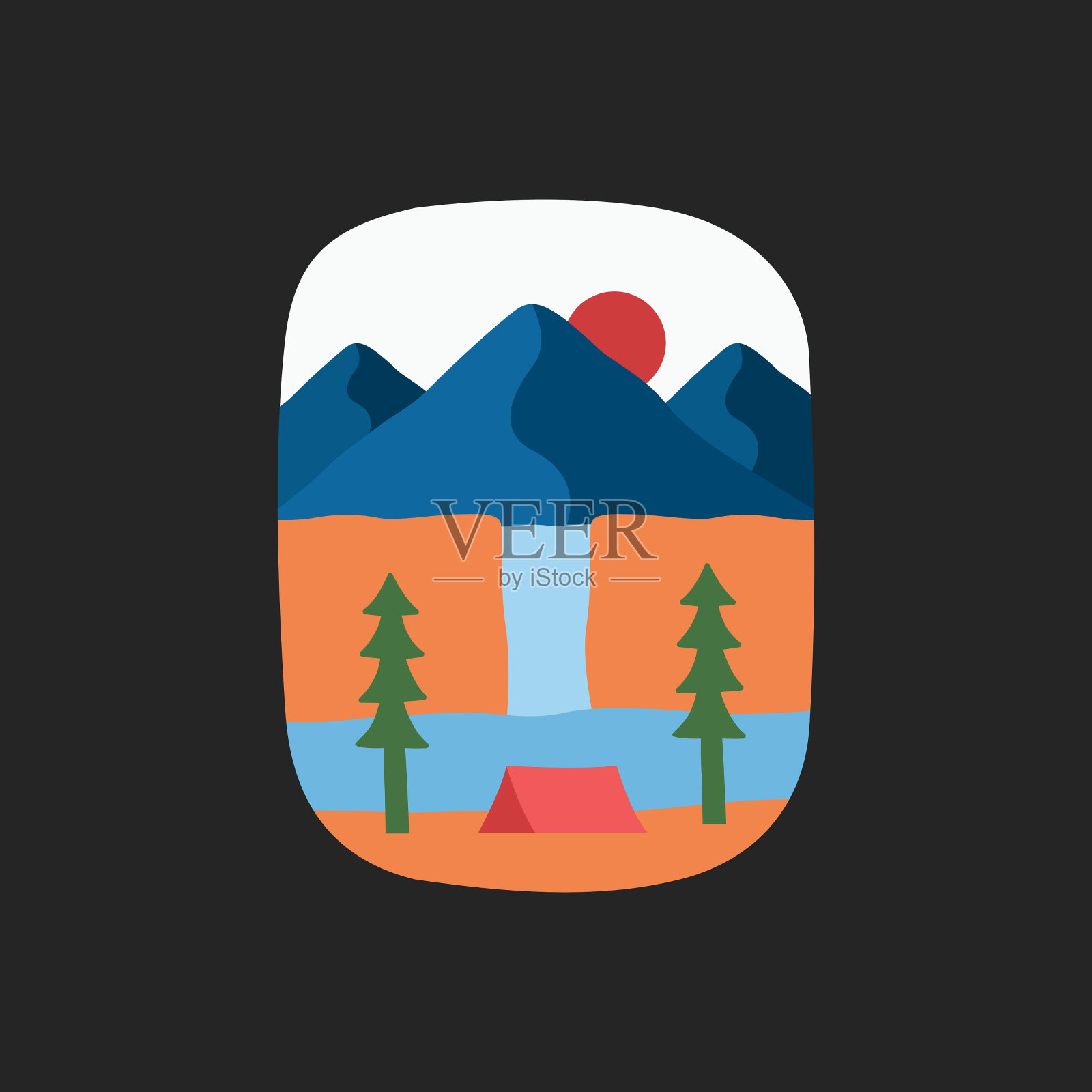 设计在瀑布自然山旁露营的徽章，贴纸，贴片，t恤设计等图标素材