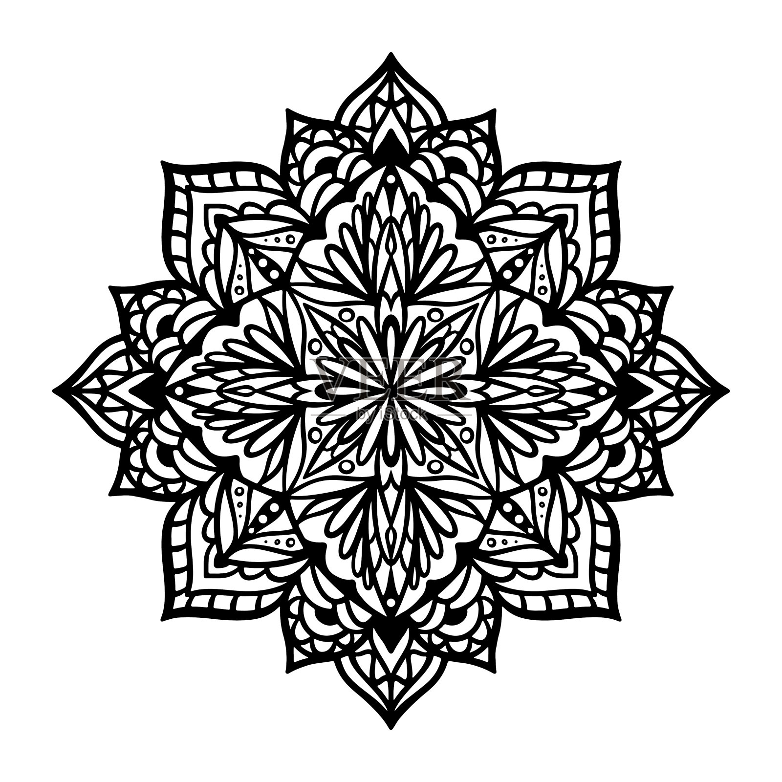 矢量插图轮廓曼荼罗花孤立在白色背景。东方民族风格圆形饰品。设计指甲花，曼海地，纹身，花的图案，装饰，涂色书页。插画图片素材