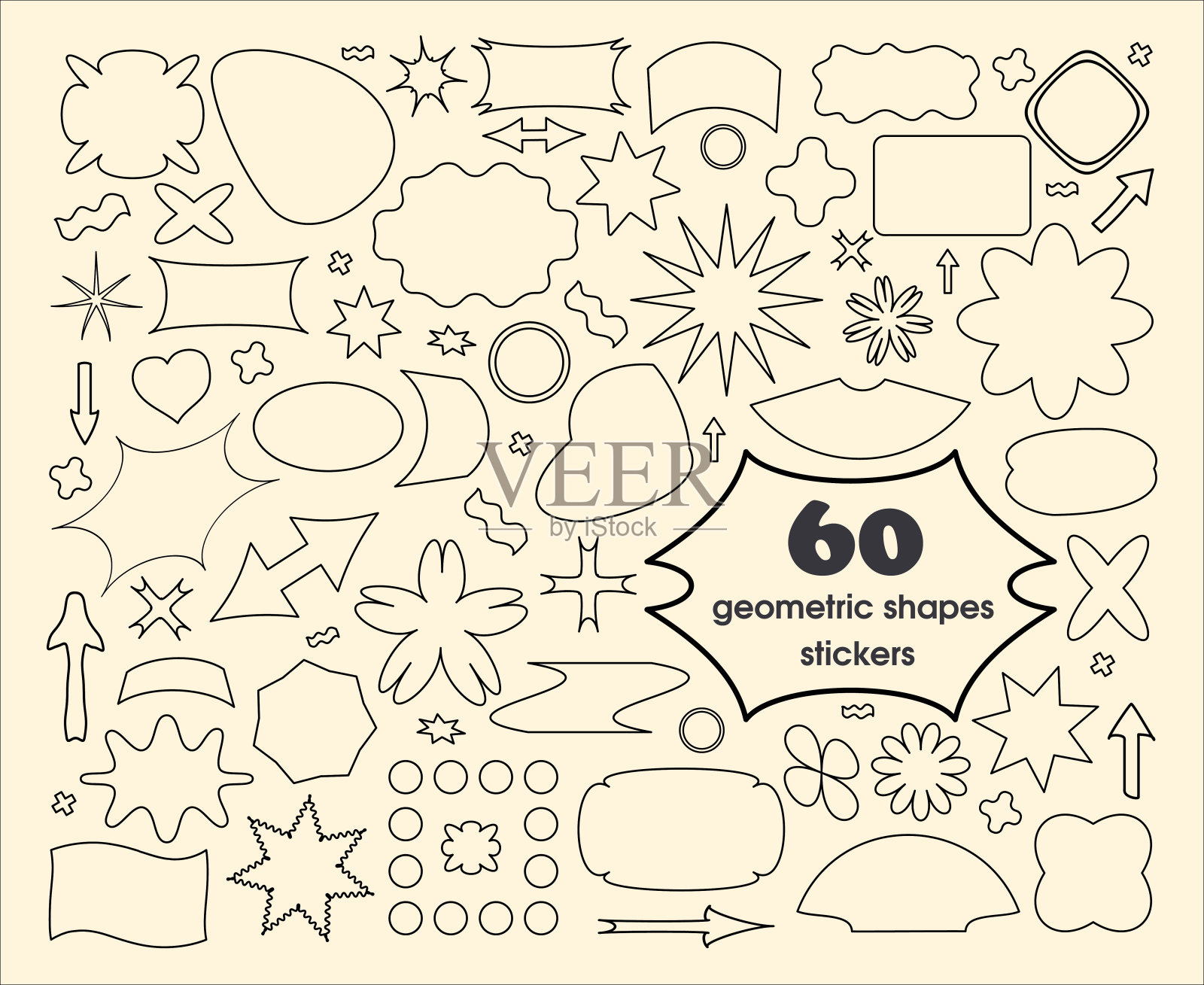 一组涂鸦风格的几何图形。用单一笔画制作的孤立矢量元素。几何徽章。插画图片素材